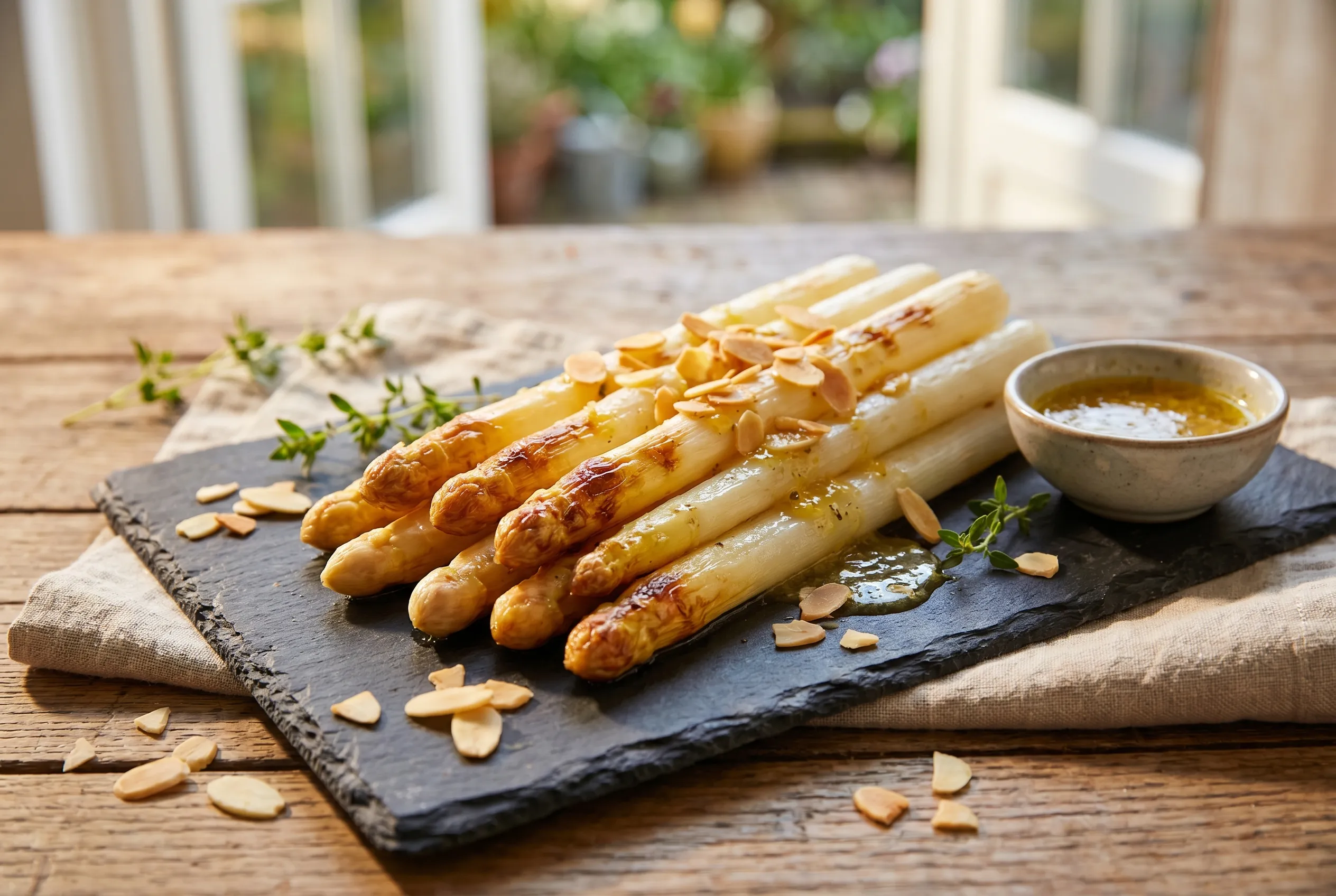 Asperges blanches rôties, amandes torréfiées et vinaigrette aux agrumes