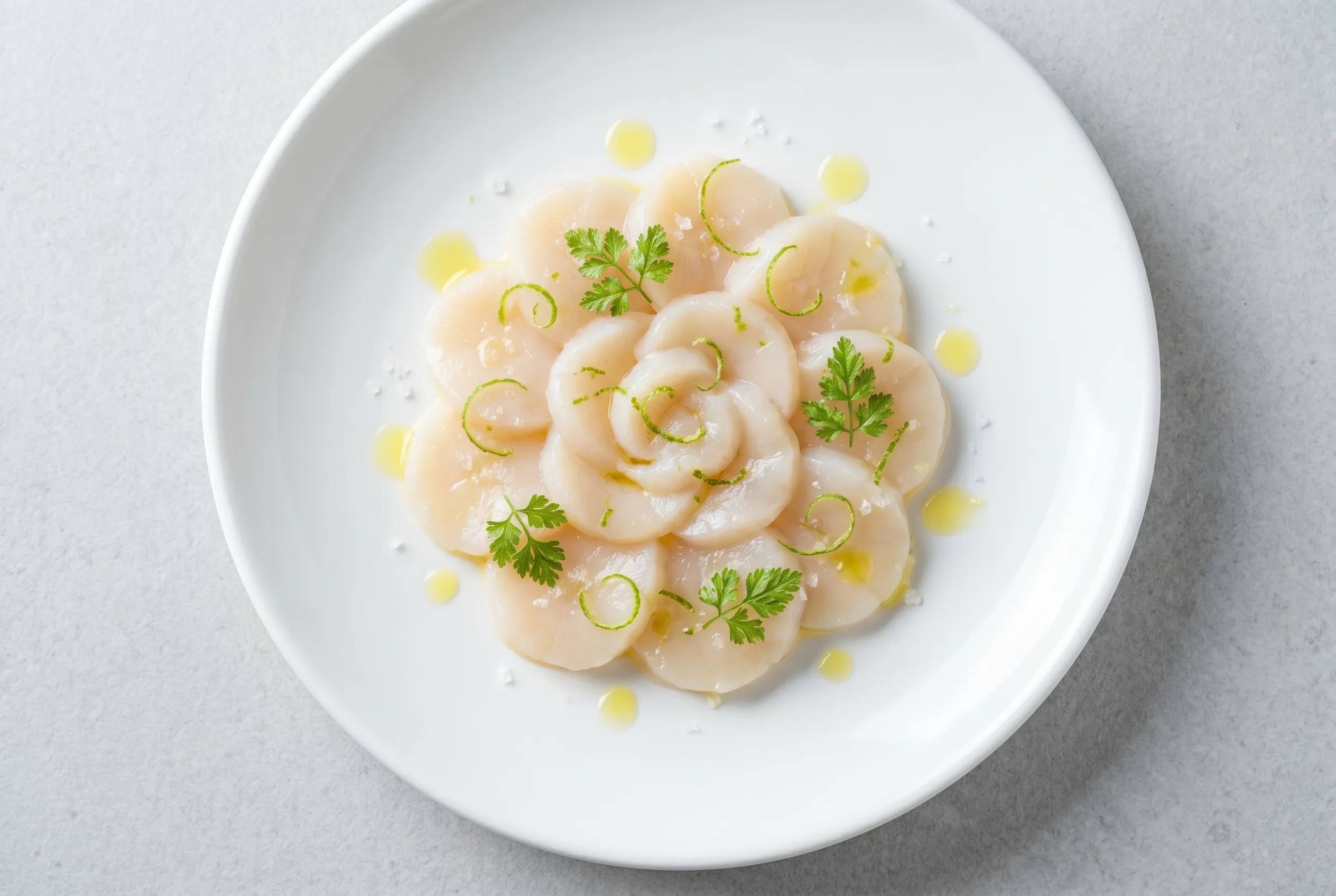 Carpaccio de Saint-Jacques, citron vert et huile d'olive