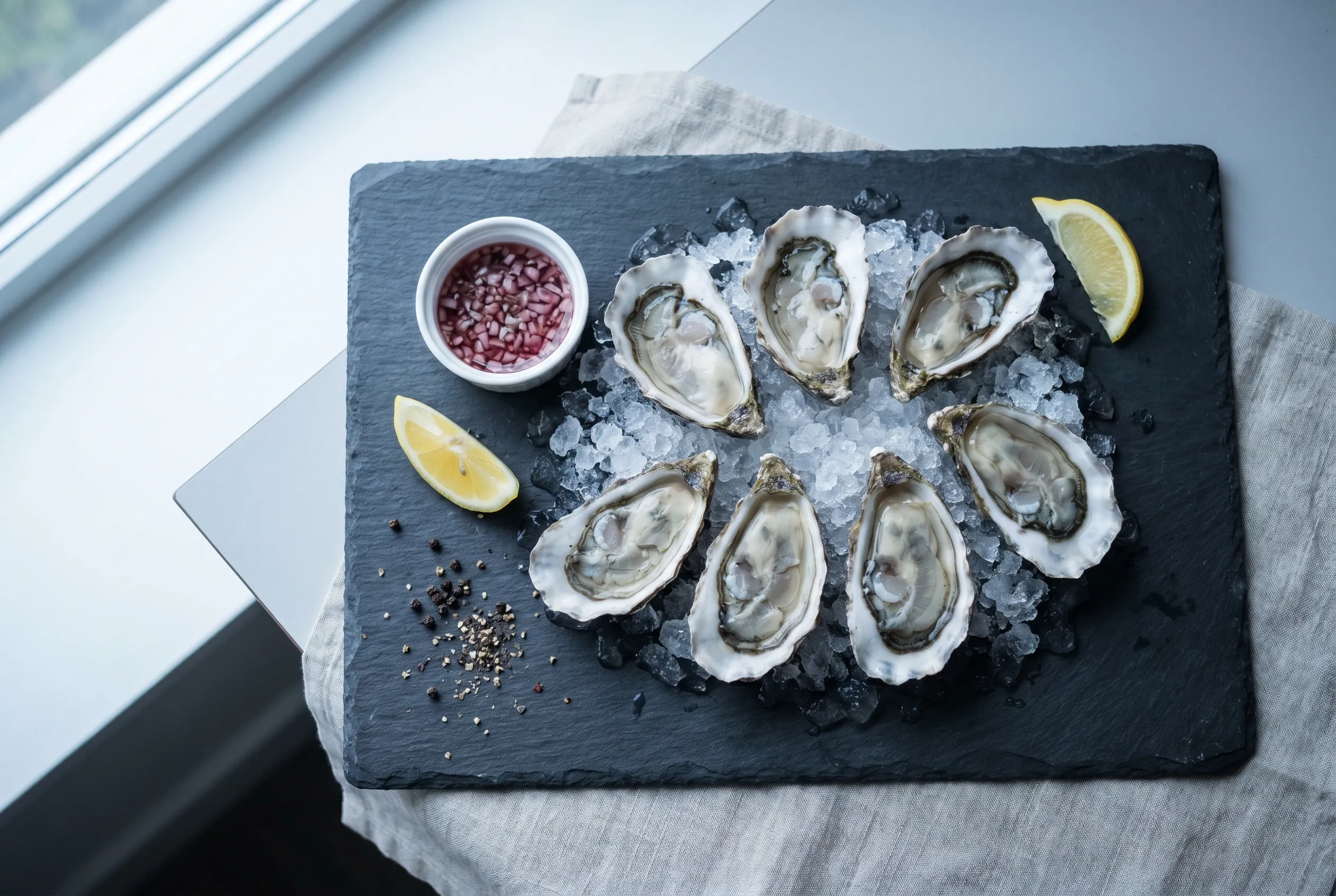 Huîtres fines de claire, nature et mignonette à l'échalote