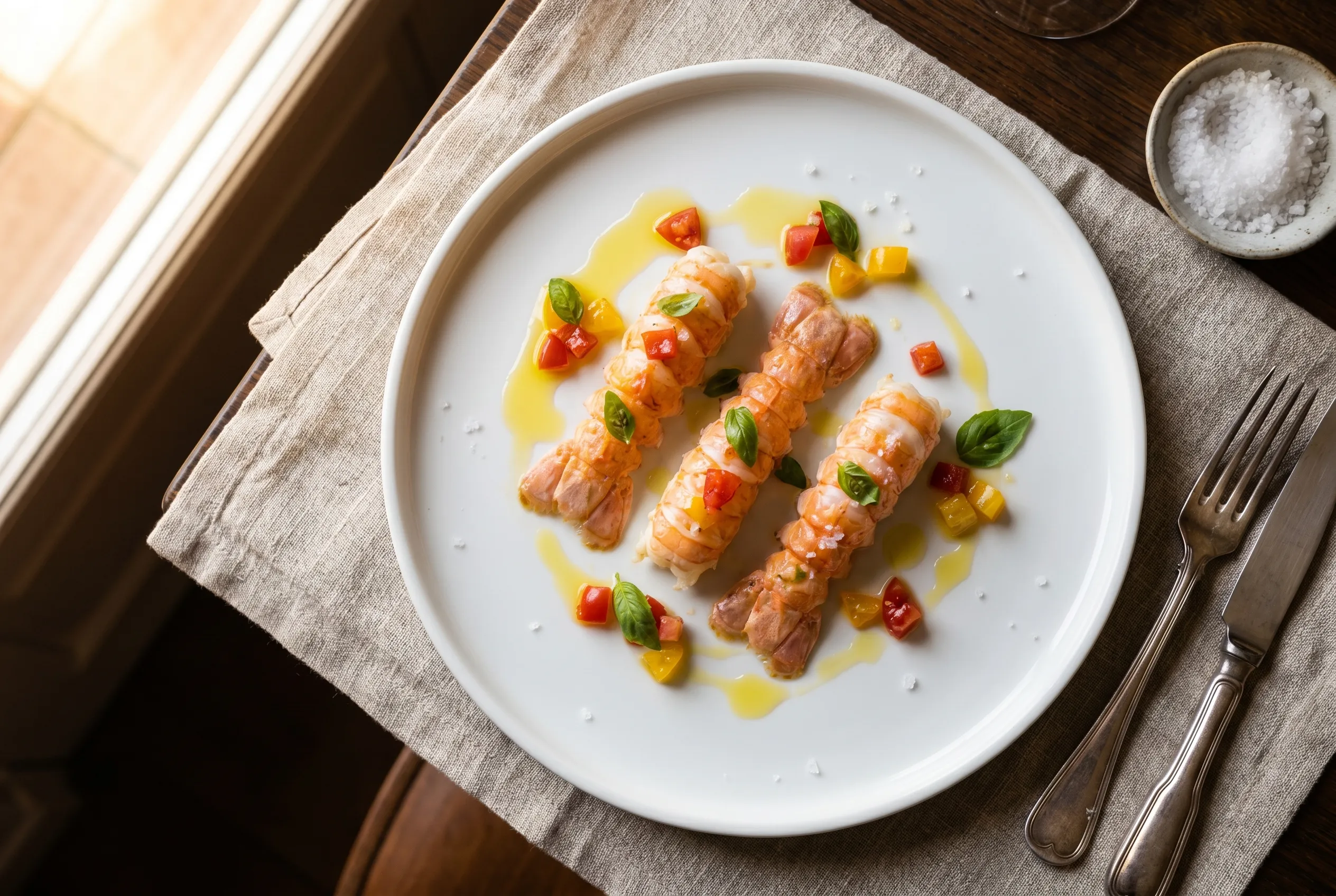 Langoustines juste snackées, huile vierge citronnée
