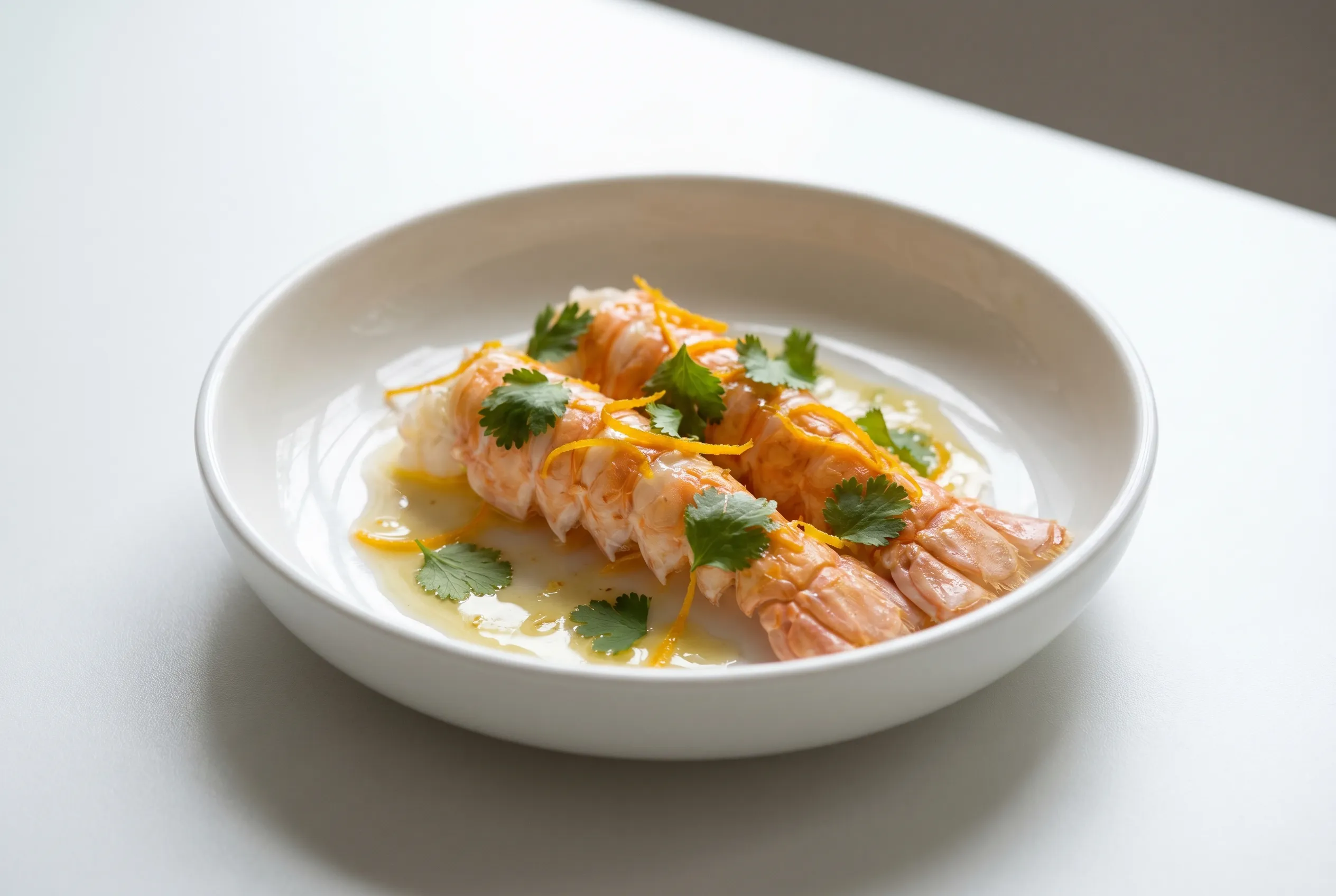 Langoustines marinées minute, huile vierge aux agrumes et coriandre