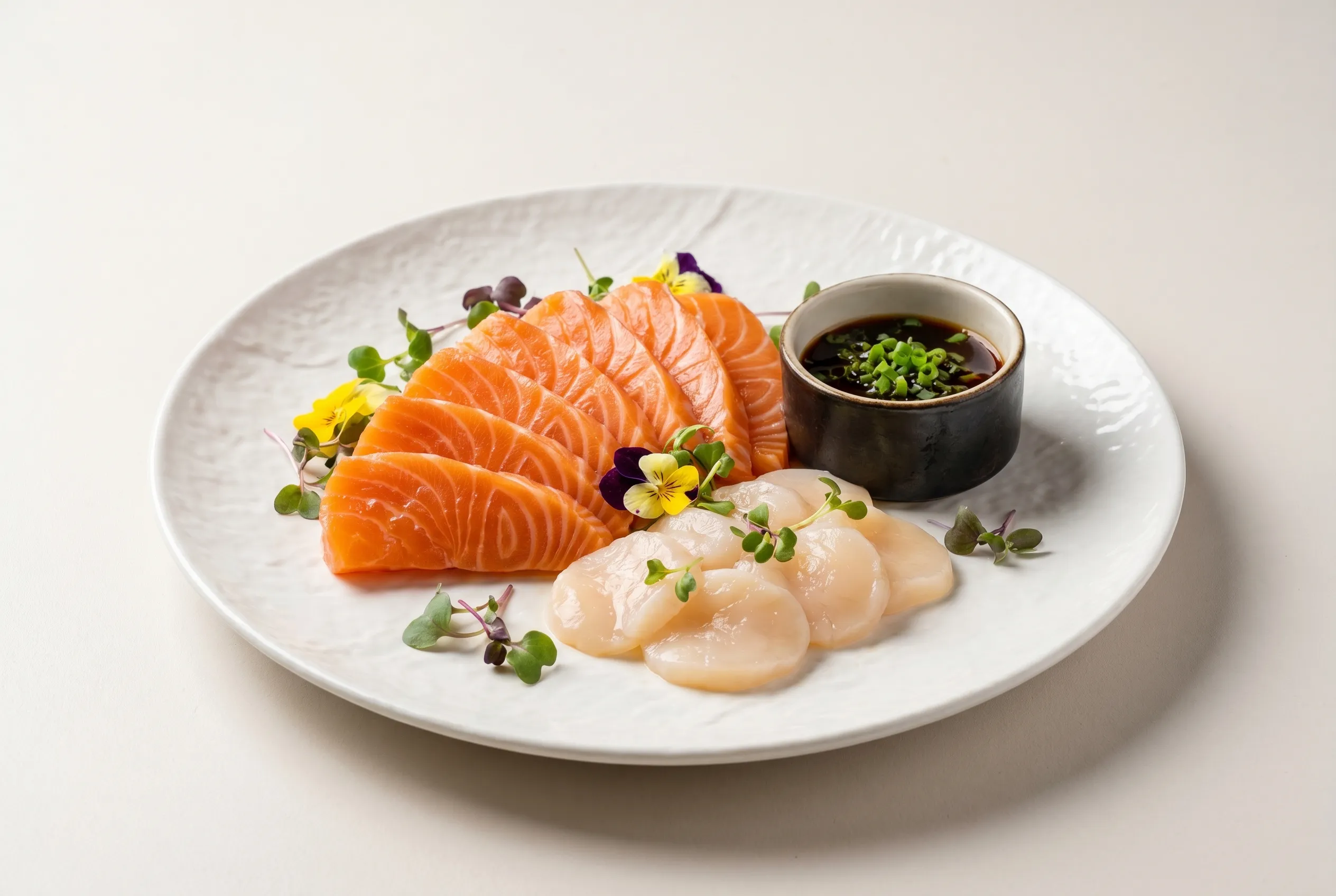 Salmon and scallop sashimi with homemade ponzu
