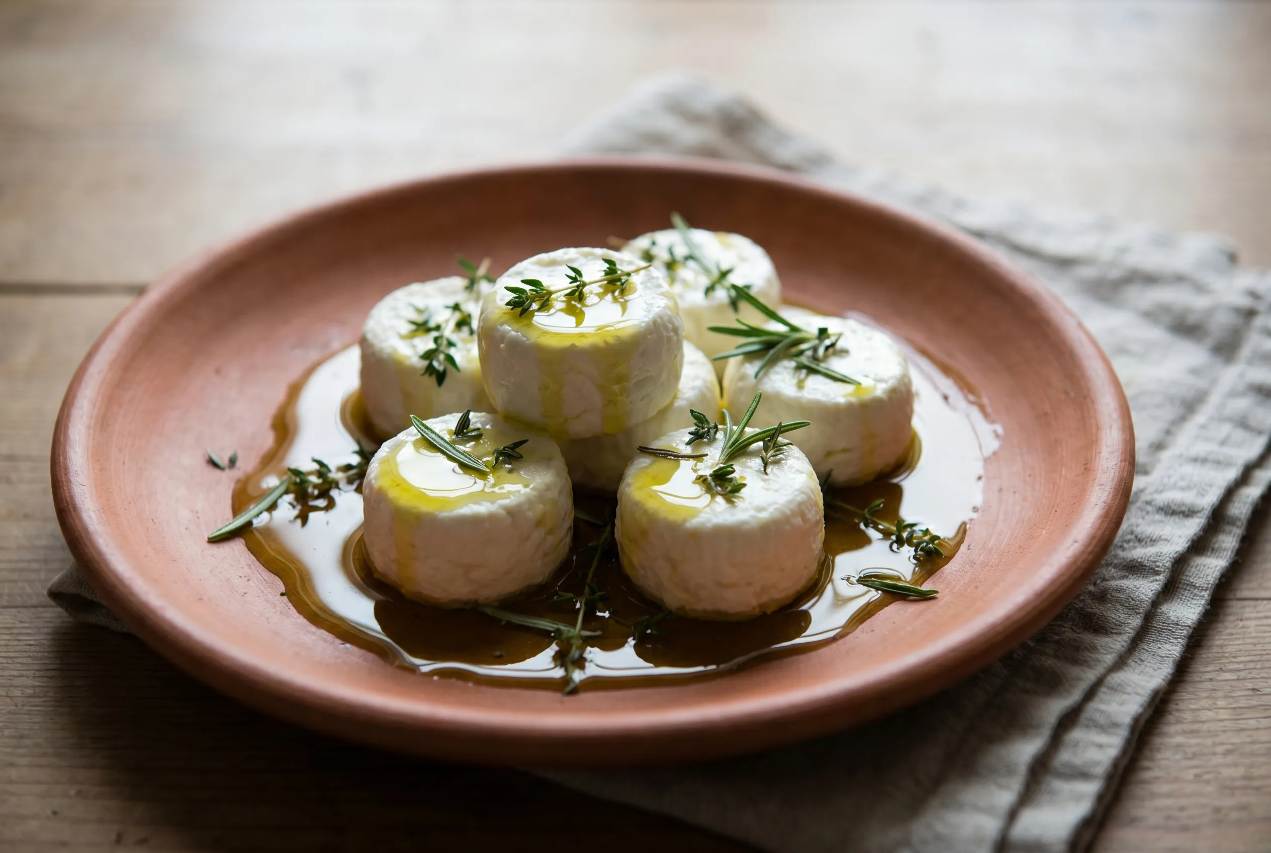Crottin de chèvre frais, huile d'olive et herbes