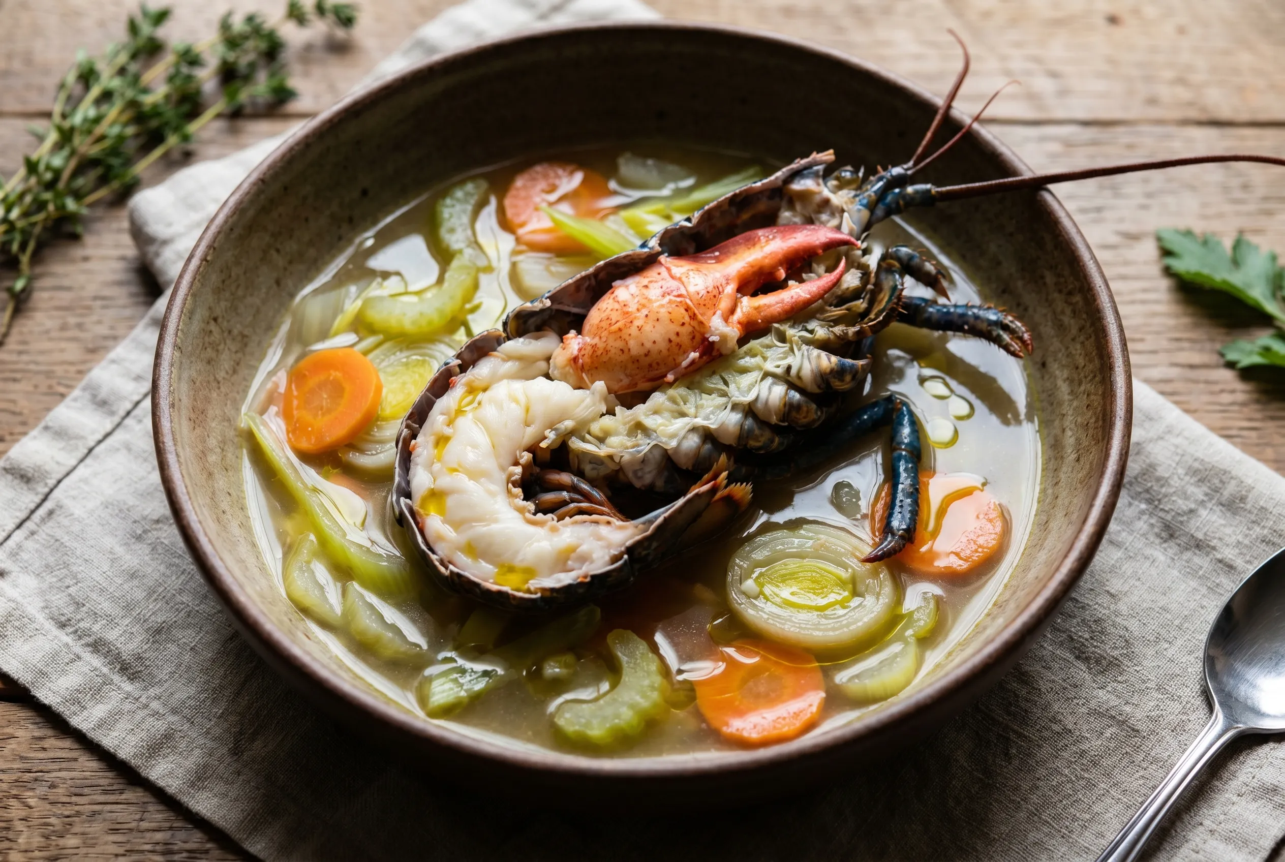 Homard bleu à la nage, légumes croquants et huile d'olive