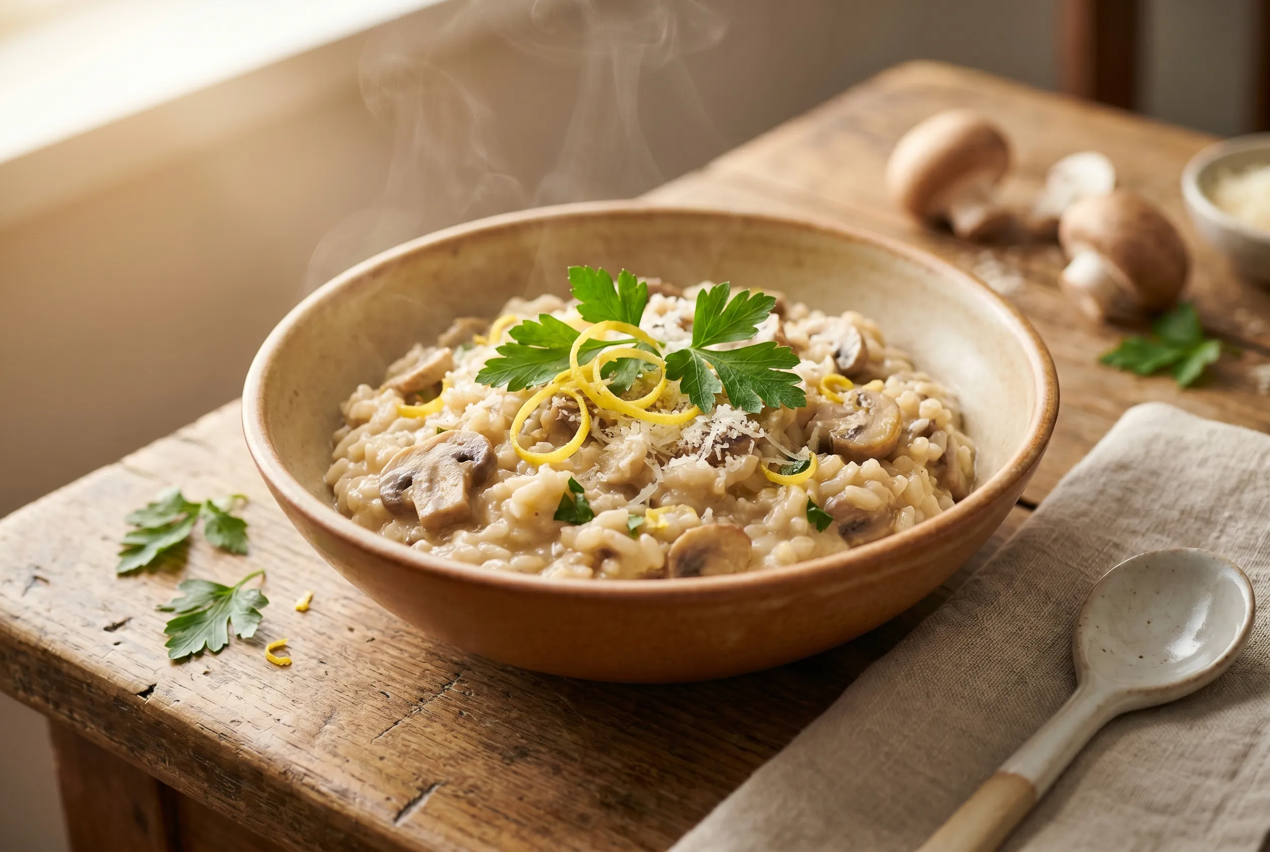Risotto aux champignons de Paris, citron et herbes fraîches