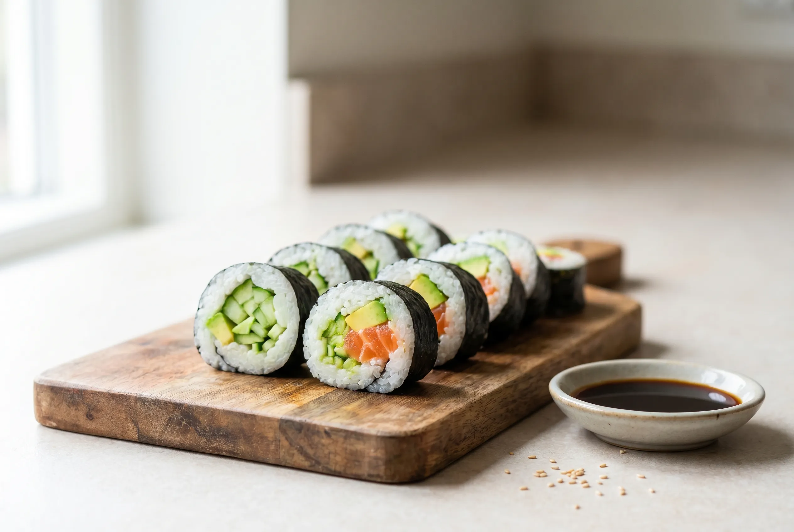 Makis concombre–avocat–saumon