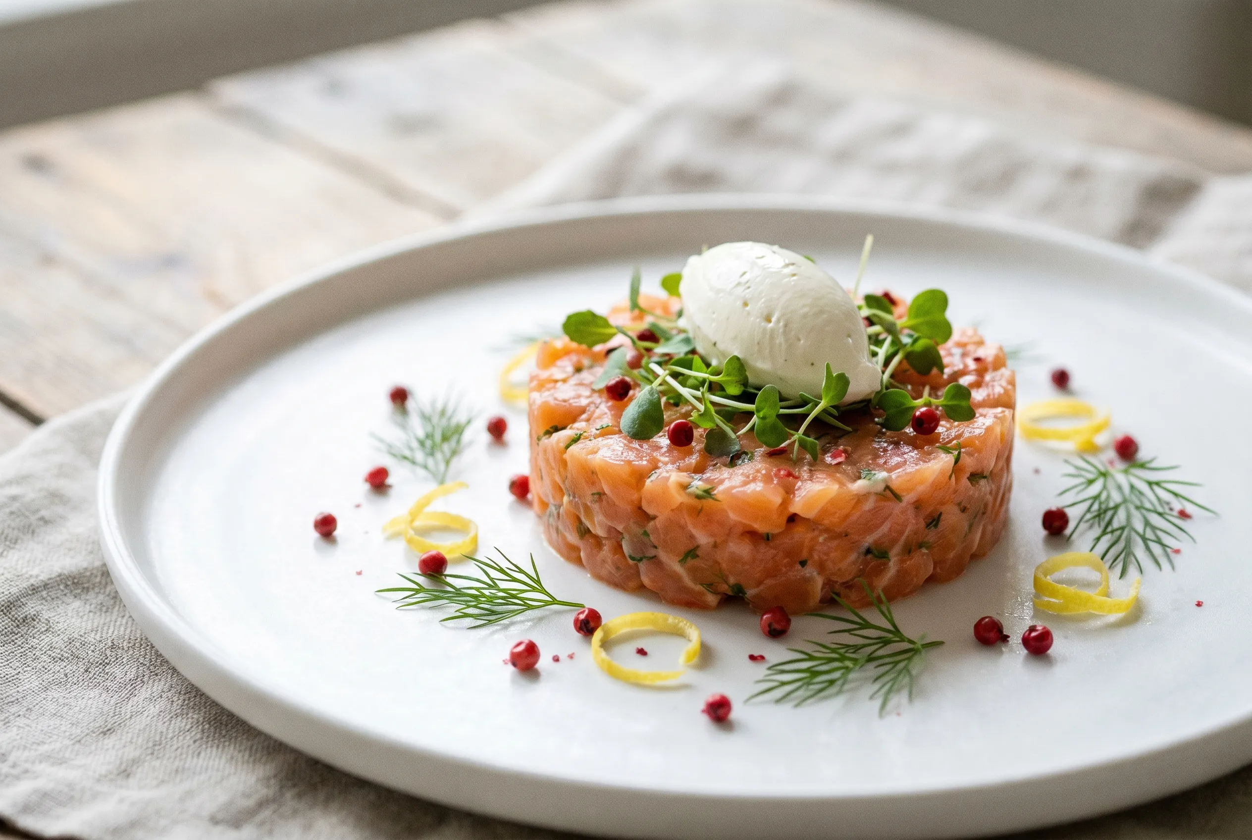 Tartare de saumon à l'aneth, citron et baies roses