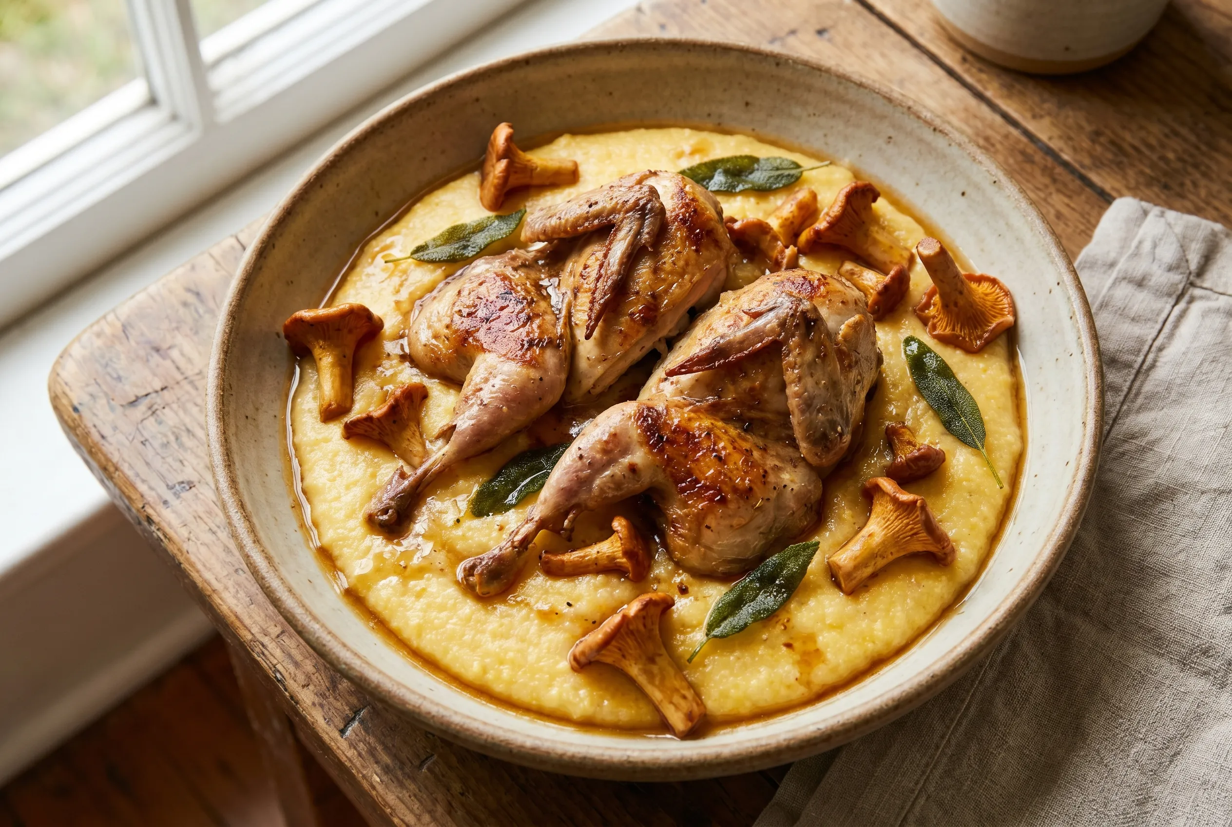 Caille rôtie, girolles poêlées et polenta crémeuse