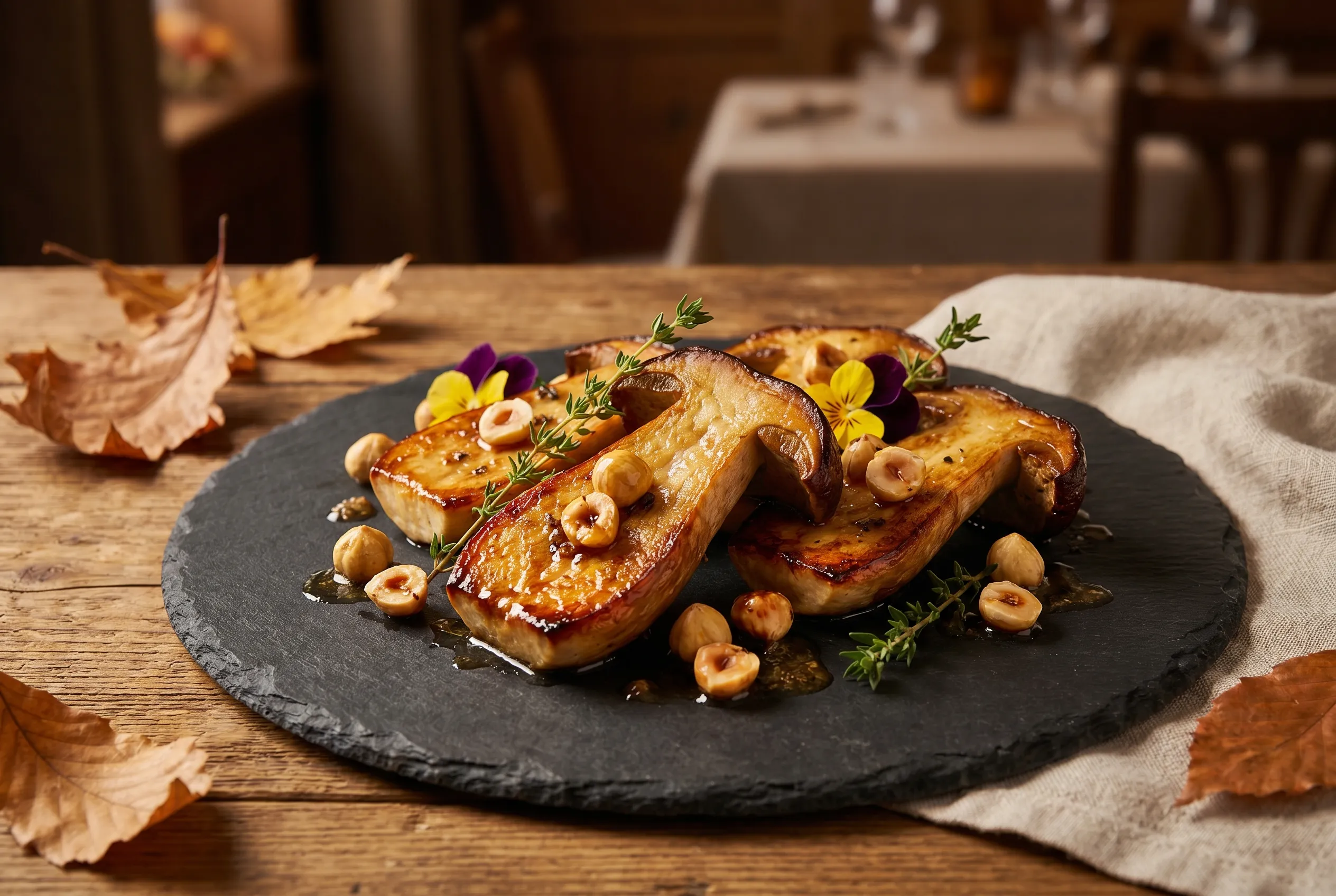 Cèpes rôtis au beurre noisette et noisettes torréfiées