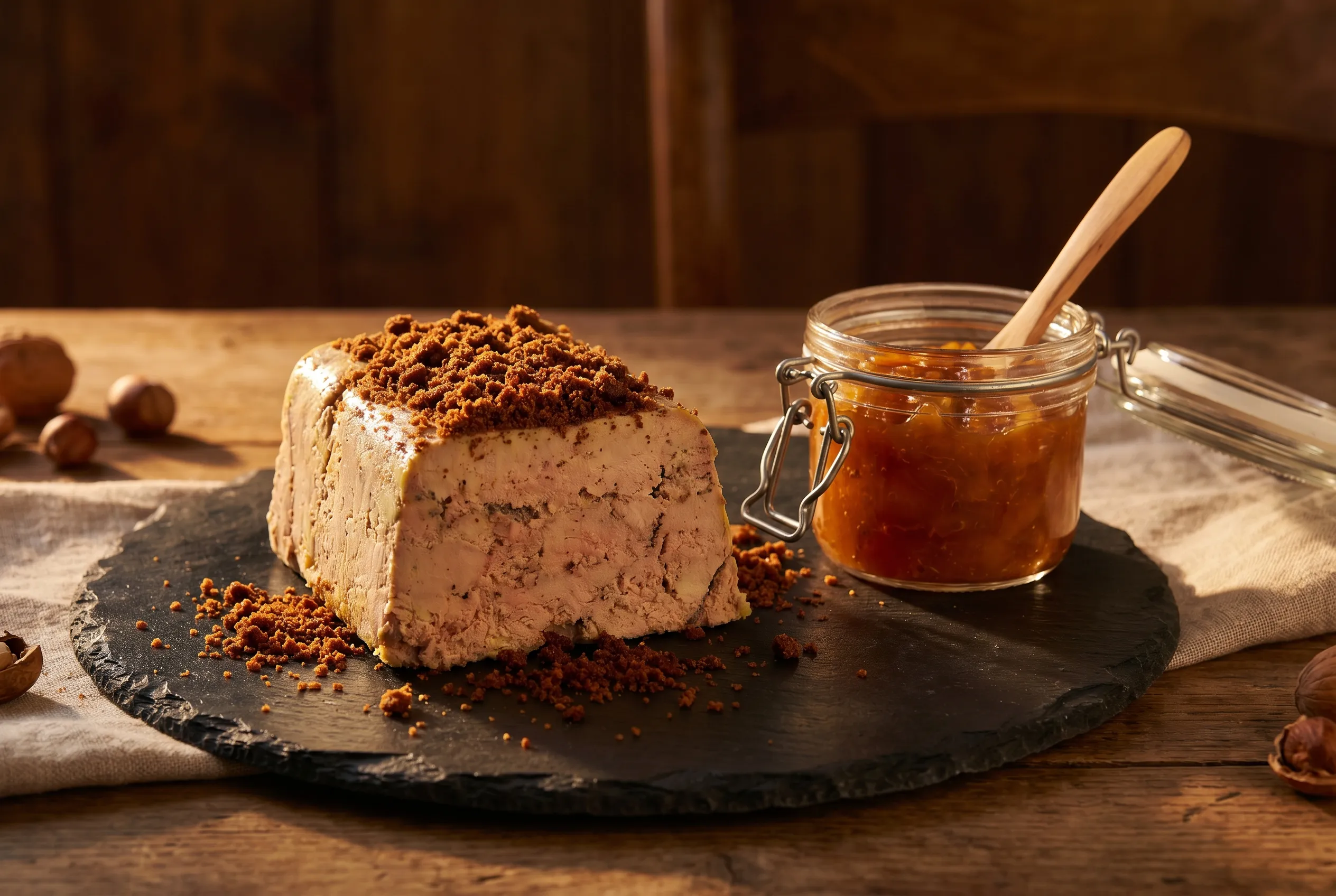 Foie gras mi-cuit en croûte de pain d'épices, chutney d'abricots secs