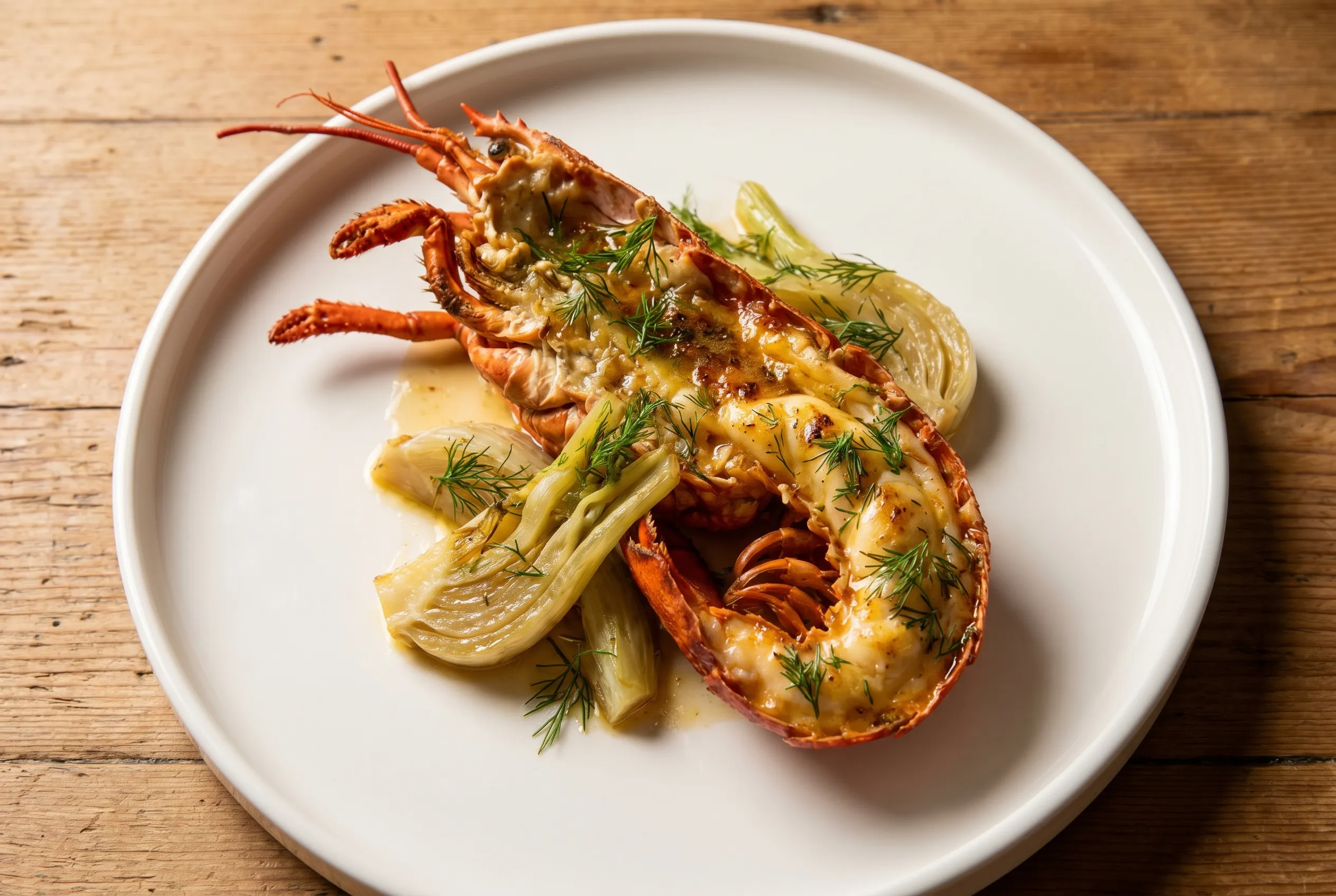 Homard rôti au beurre noisette, fenouil braisé et citron confit