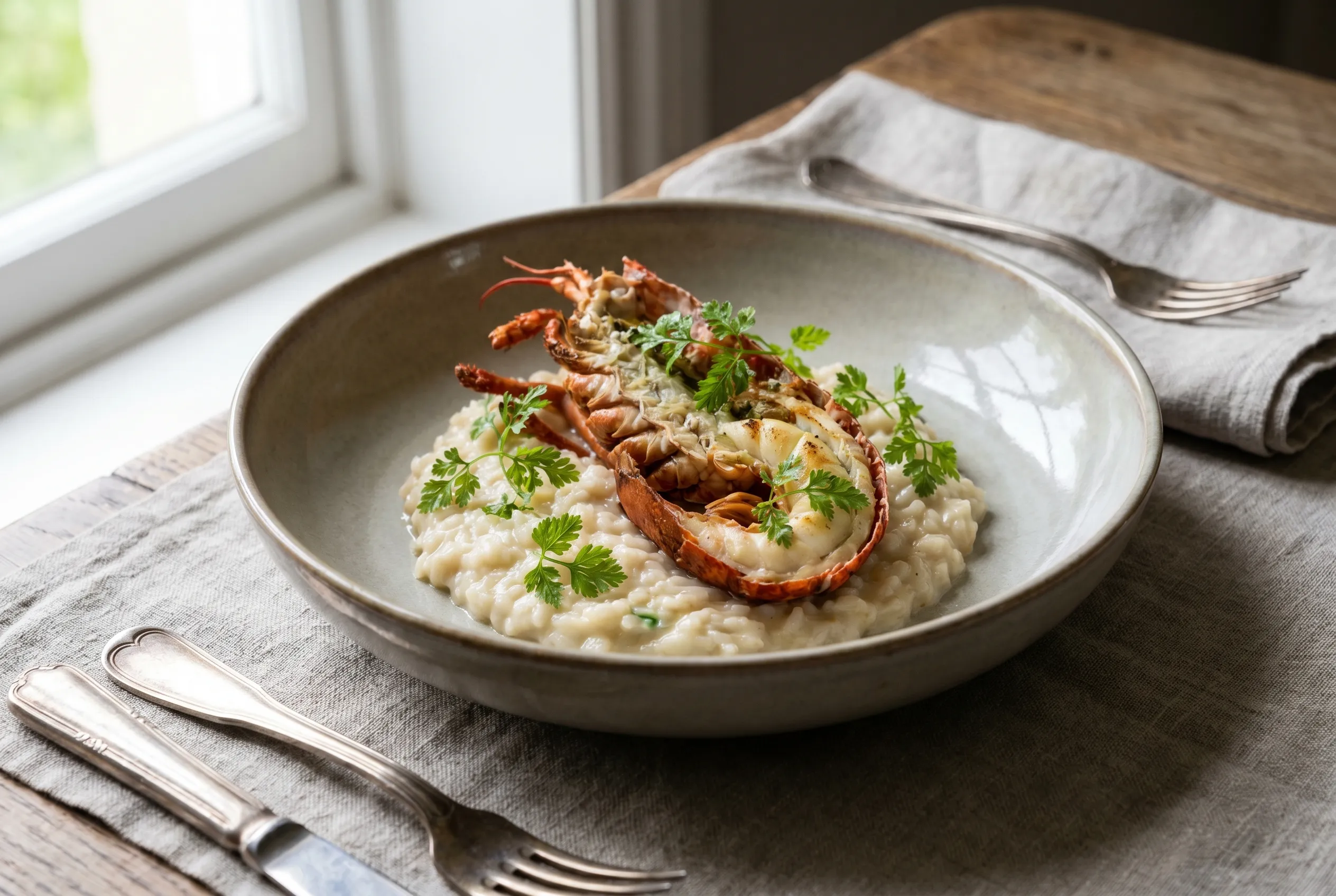 Homard rôti, risotto de céleri-rave et jus réduit aux herbes