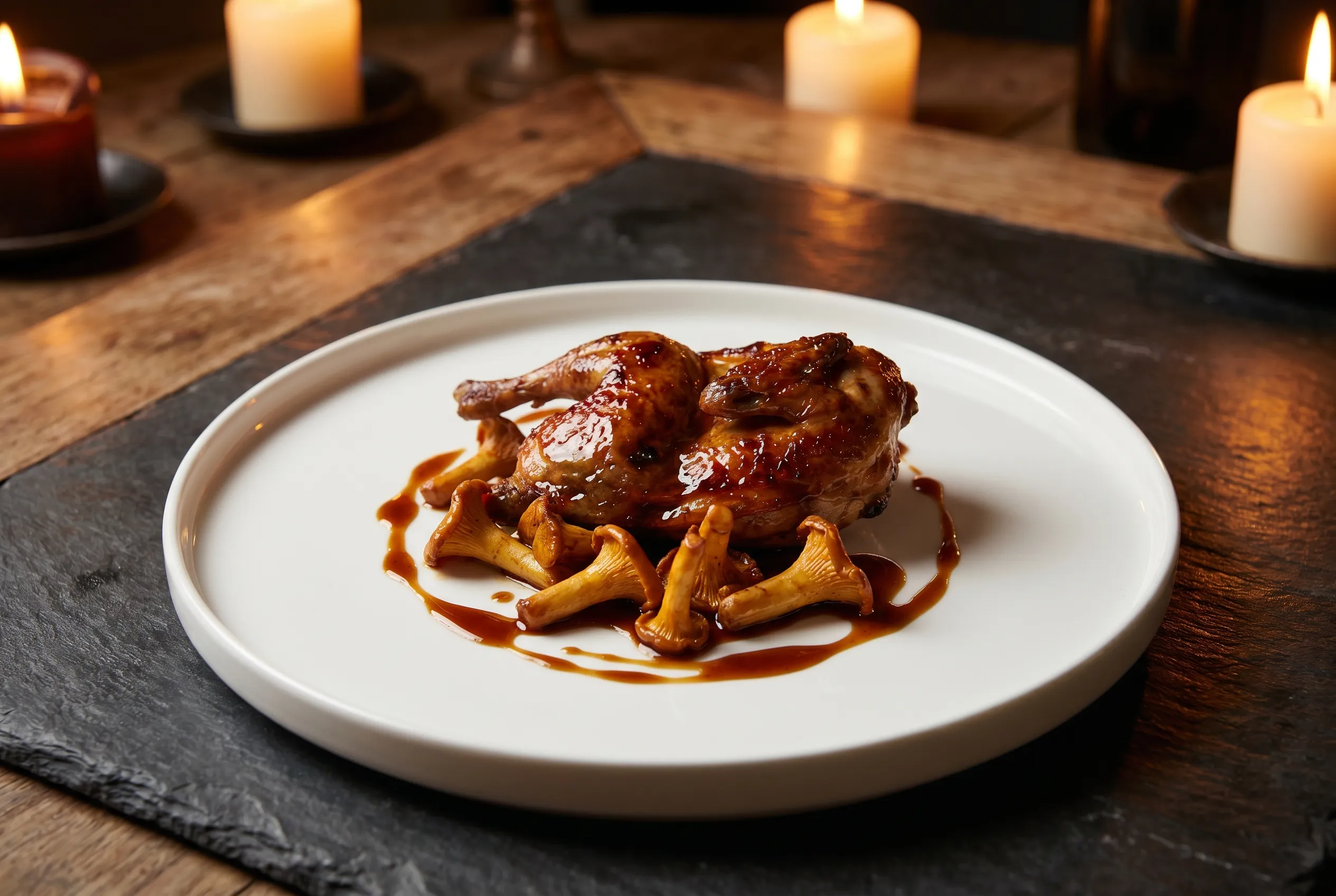 Pigeon rôti aux girolles, jus court