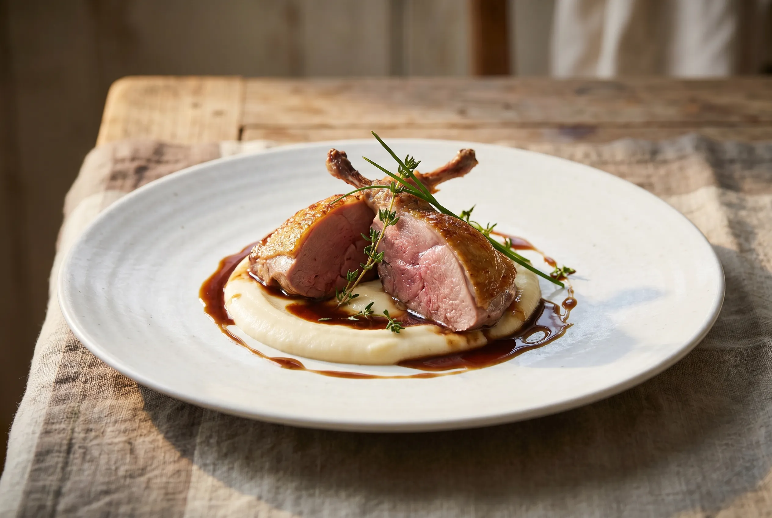 Suprêmes de pigeon rôti, purée de panais et jus corsé