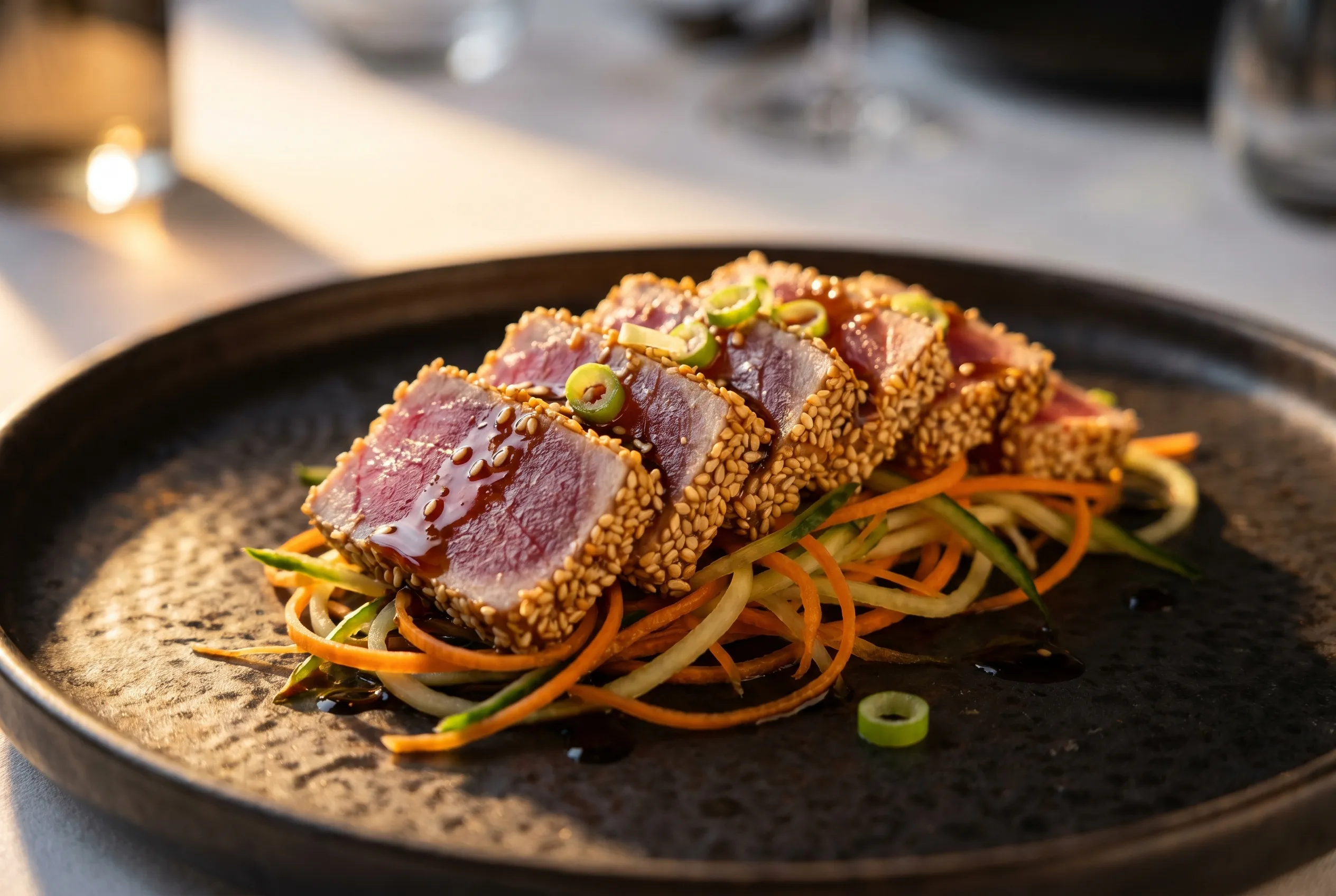 Tataki de thon rouge, sésame et légumes croquants