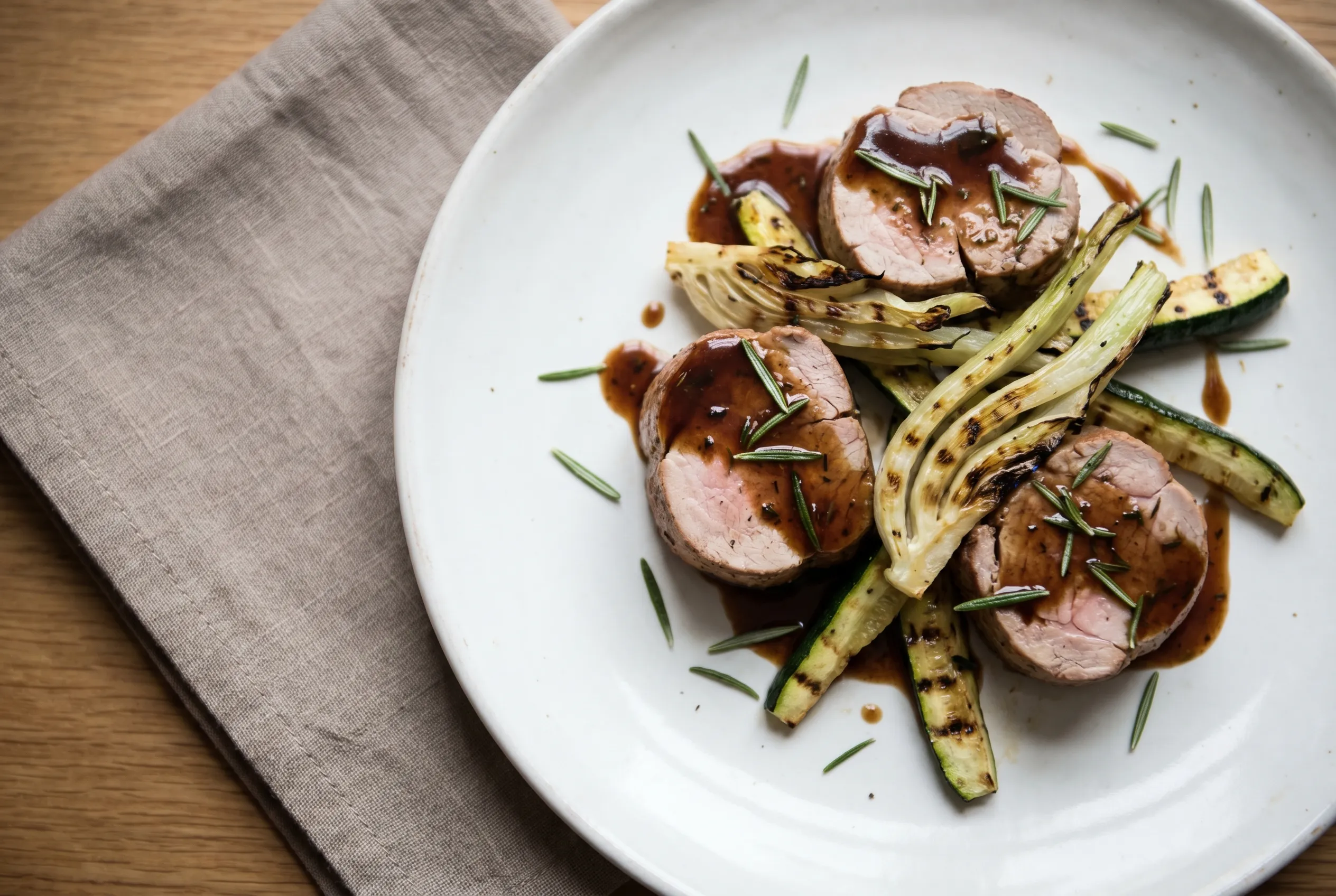 Filet mignon de porc grillé, jus corsé au romarin