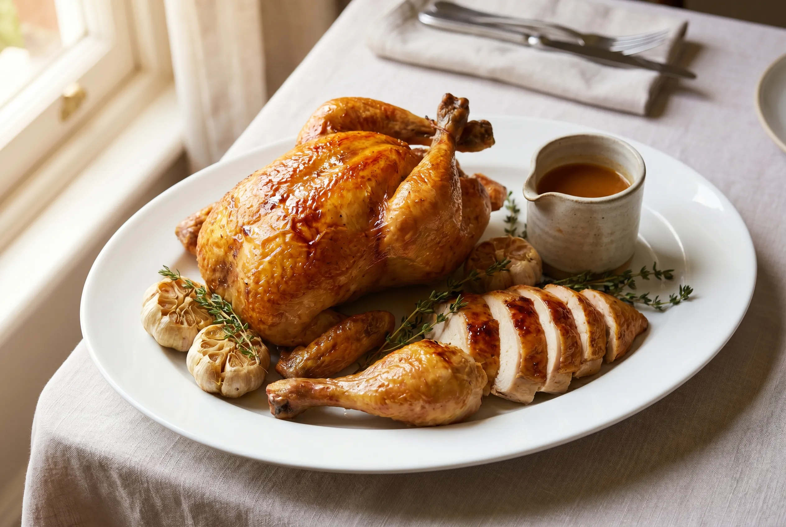 Poulet fermier rôti à l'ail et au thym, jus perlé
