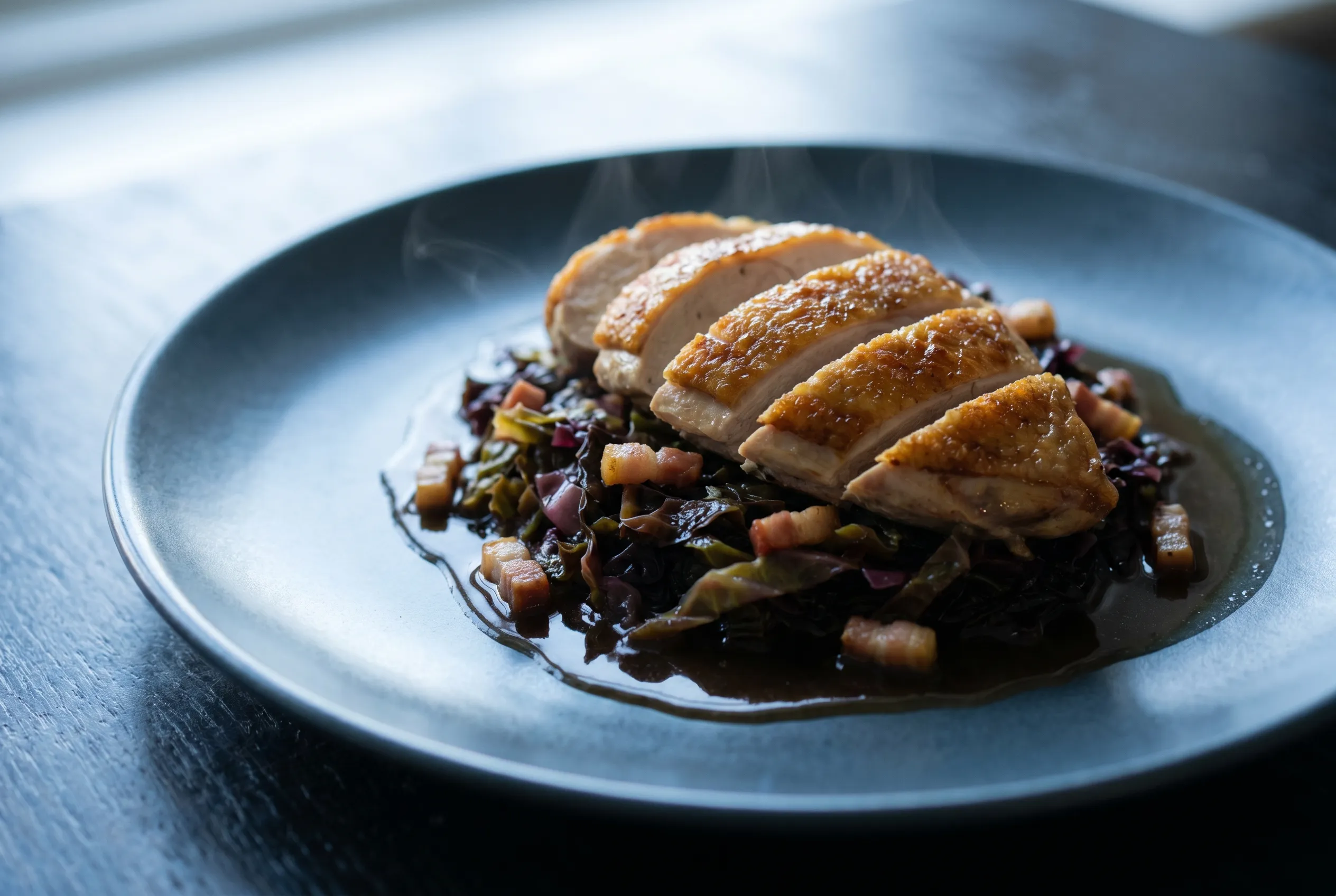 Suprêmes de pintade rôtis, chou pointu braisé et lard fumé