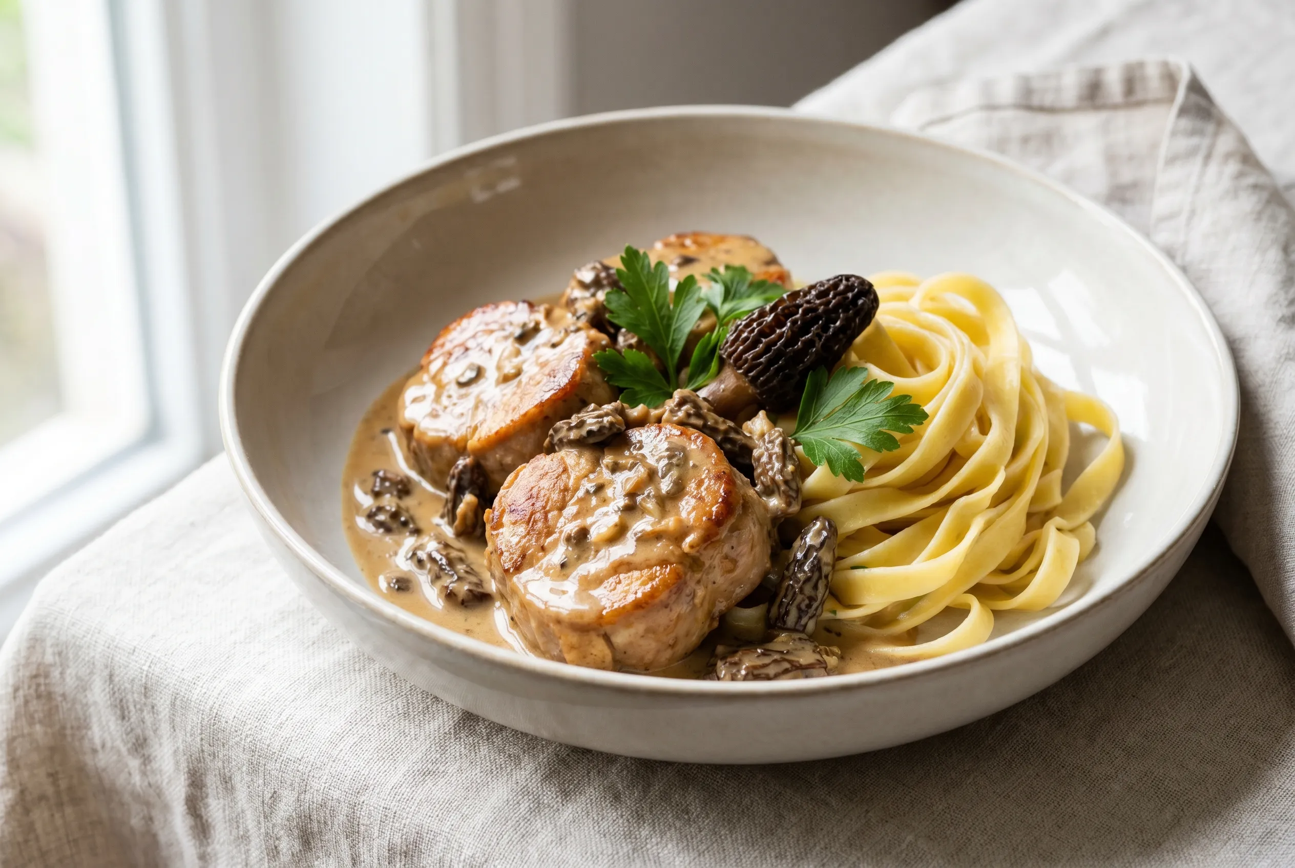 Filet mignon de porc aux morilles, tagliatelles fraîches