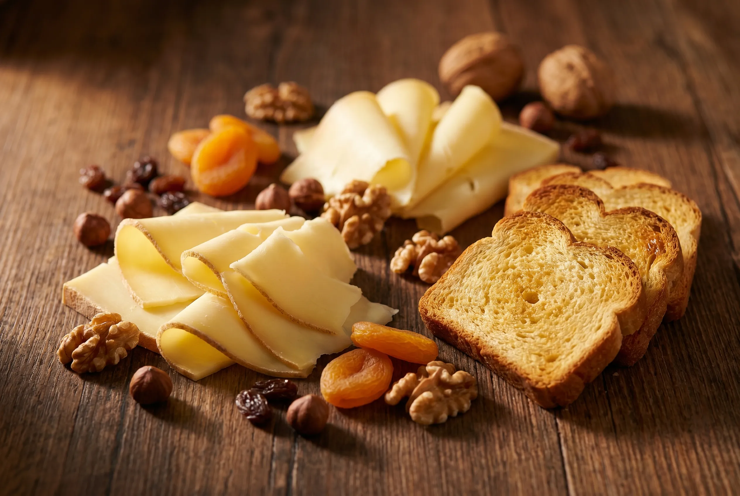 Assiette de comté affiné, fruits secs et brioche toastée