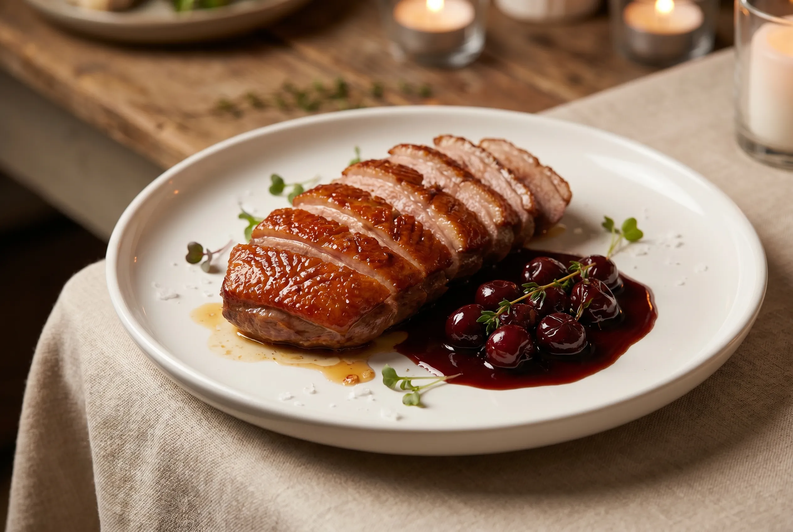 Magret de canard rôti, sauce aux cerises