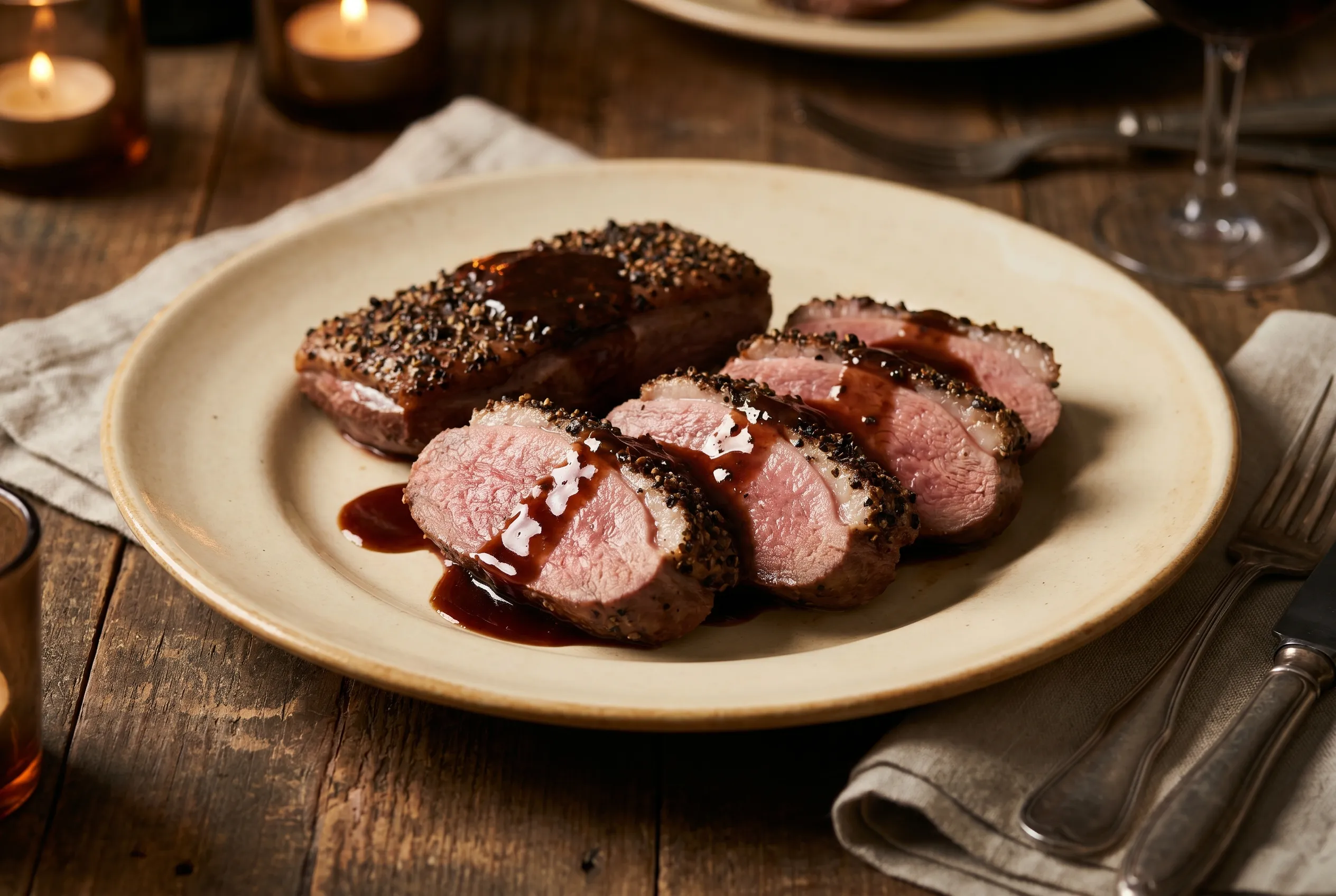 Magret de canard au poivre, jus court