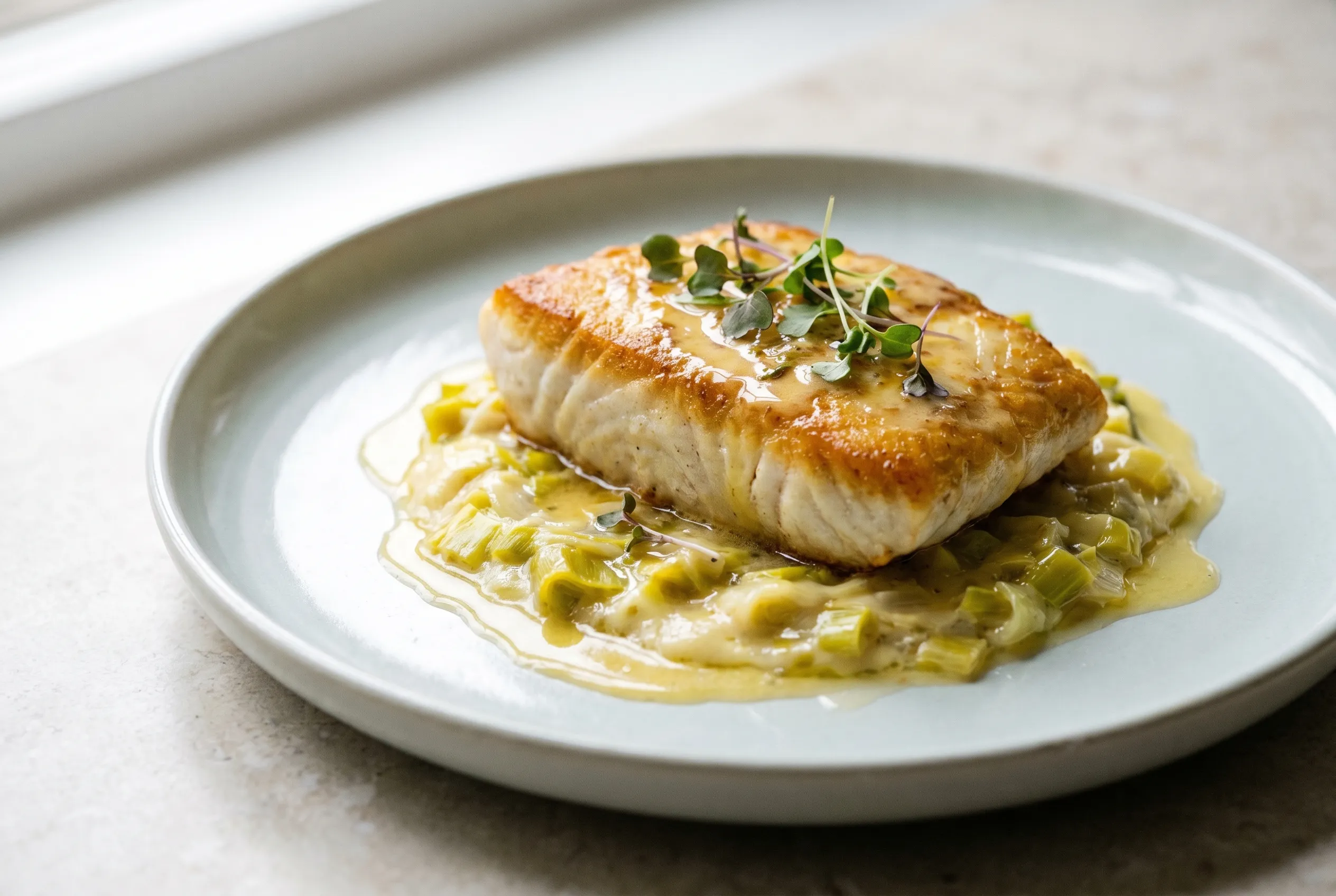 Turbot rôti, beurre citronné et poireaux fondants
