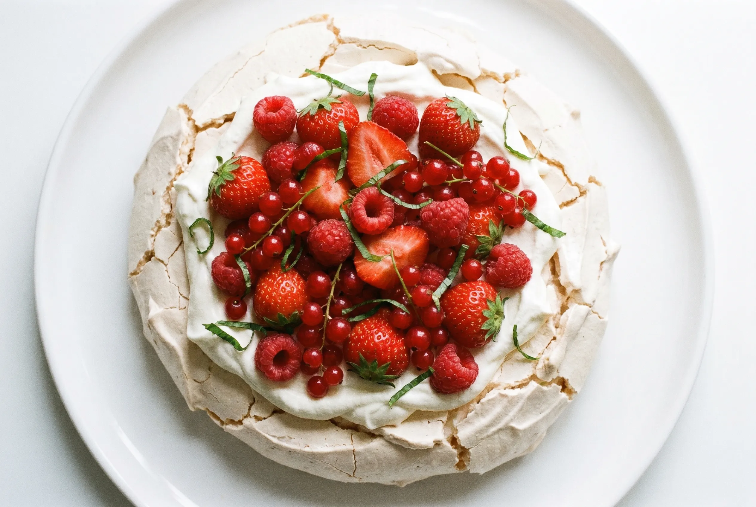 Pavlova aux fruits rouges et pointe de basilic