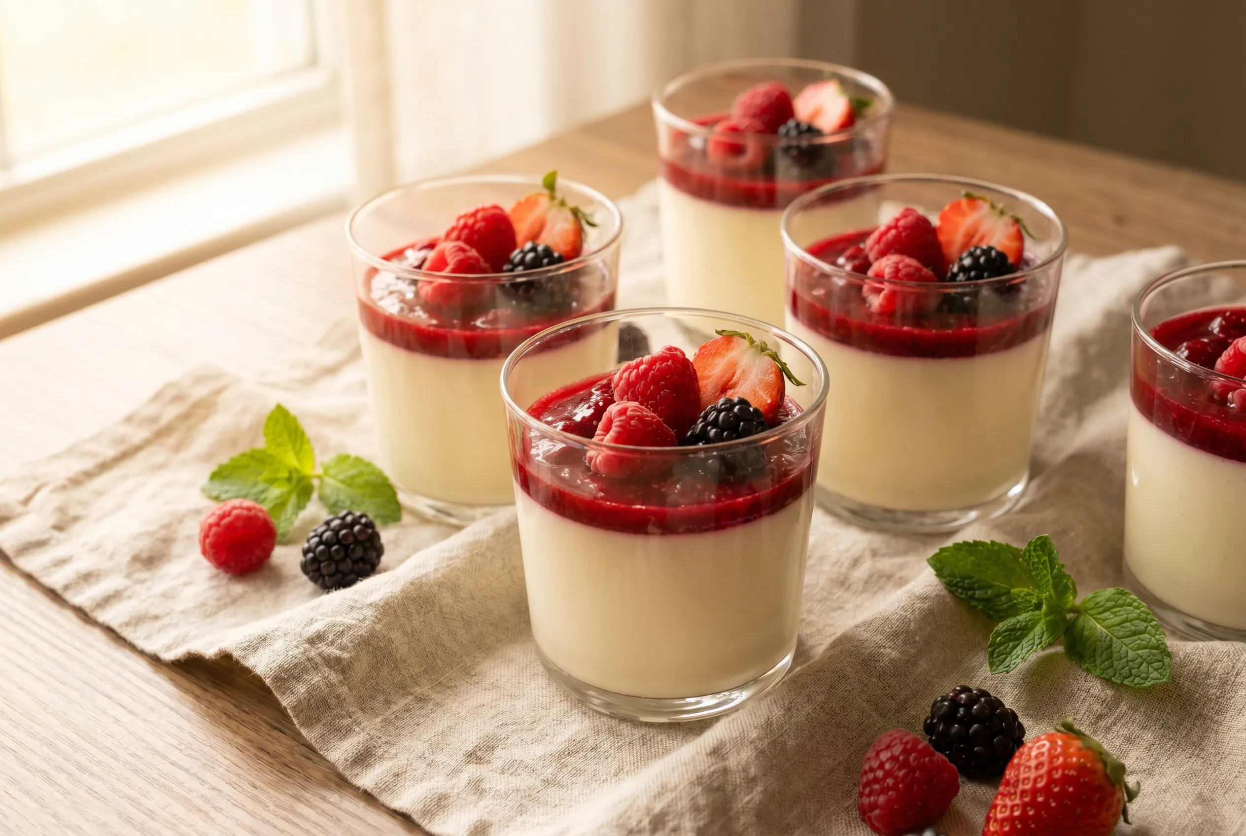 Verrines de panna cotta vanille, compotée de fruits rouges