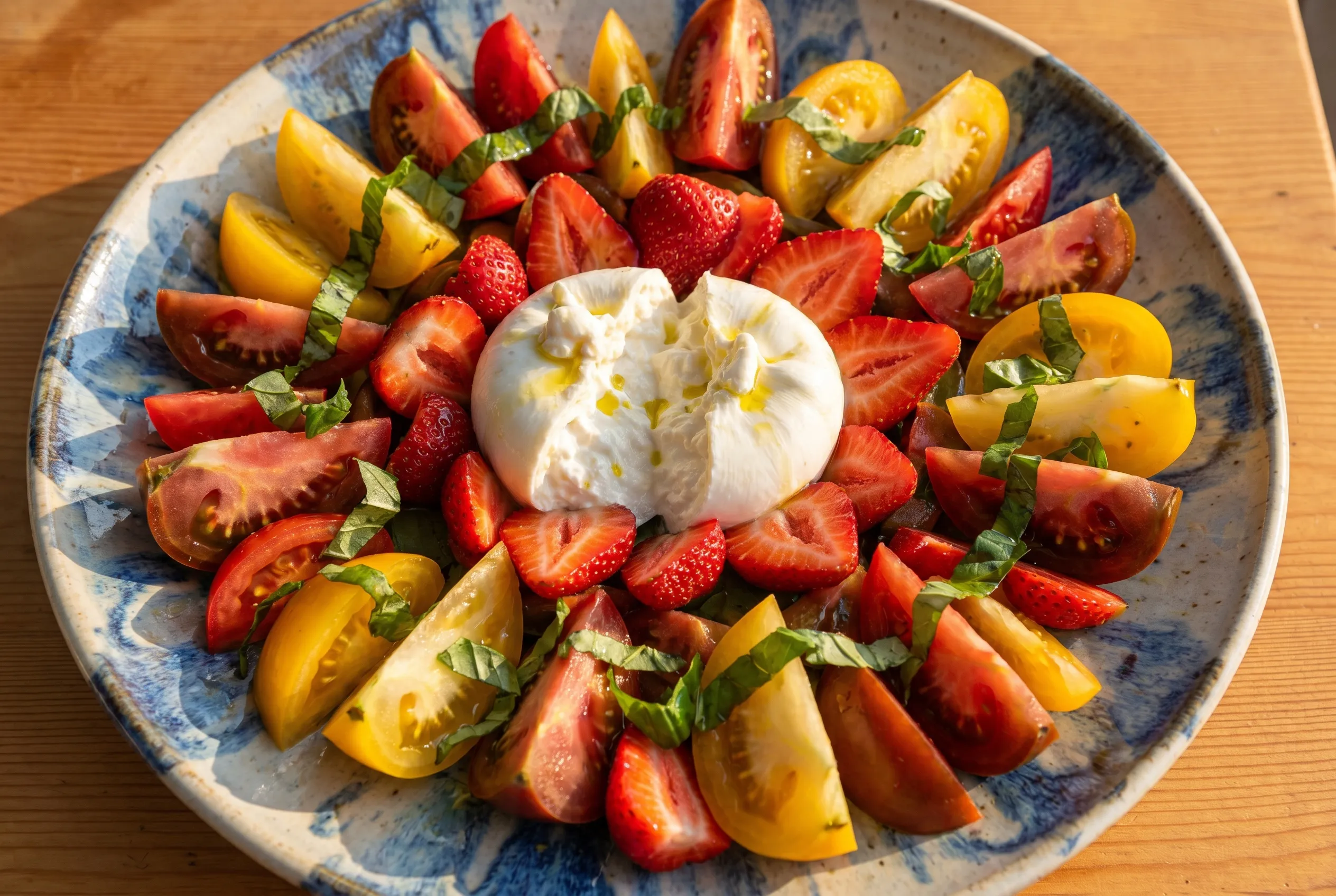 Salade de tomates anciennes, fraises et burrata