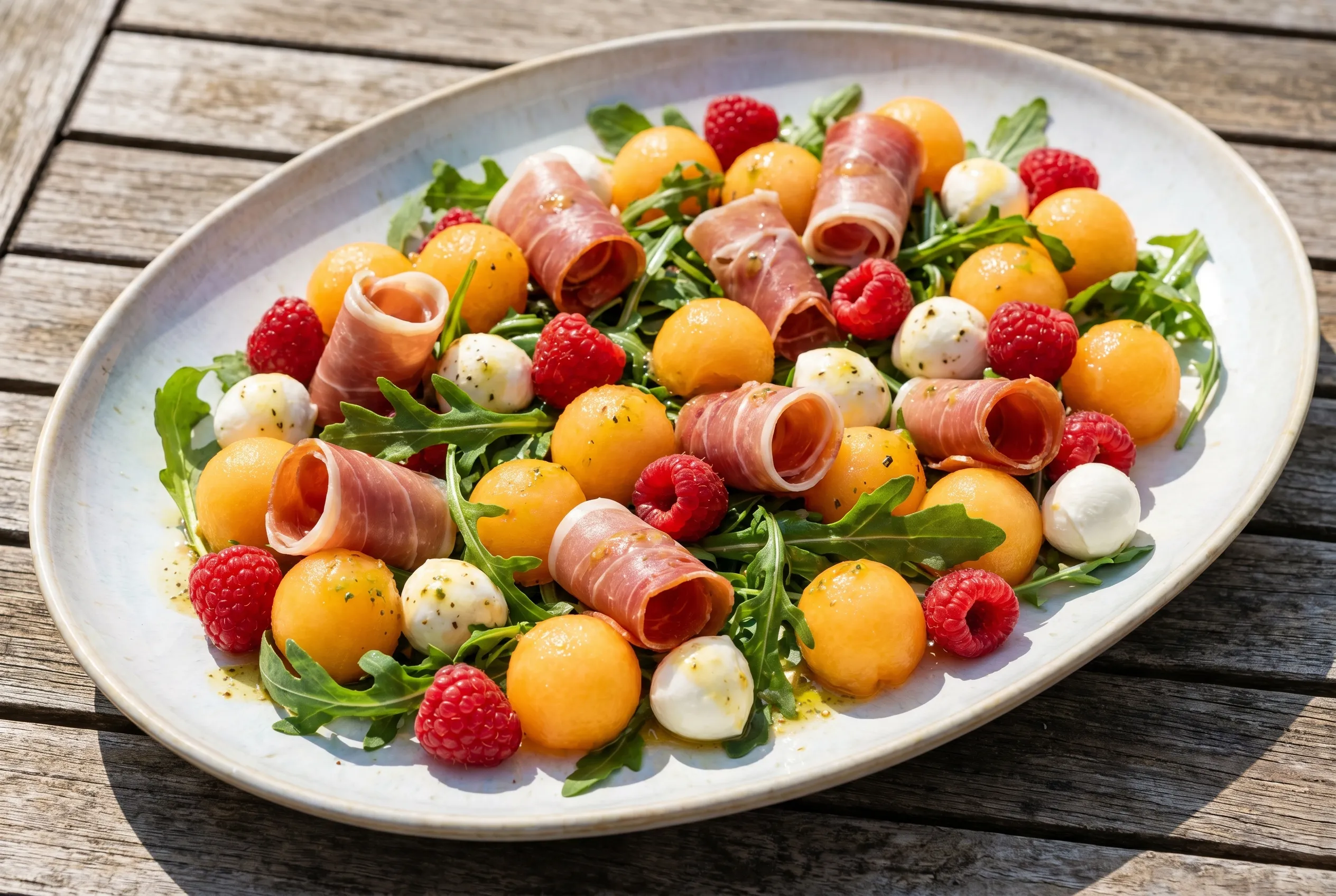 Salade estivale de melon, jambon cru et framboises