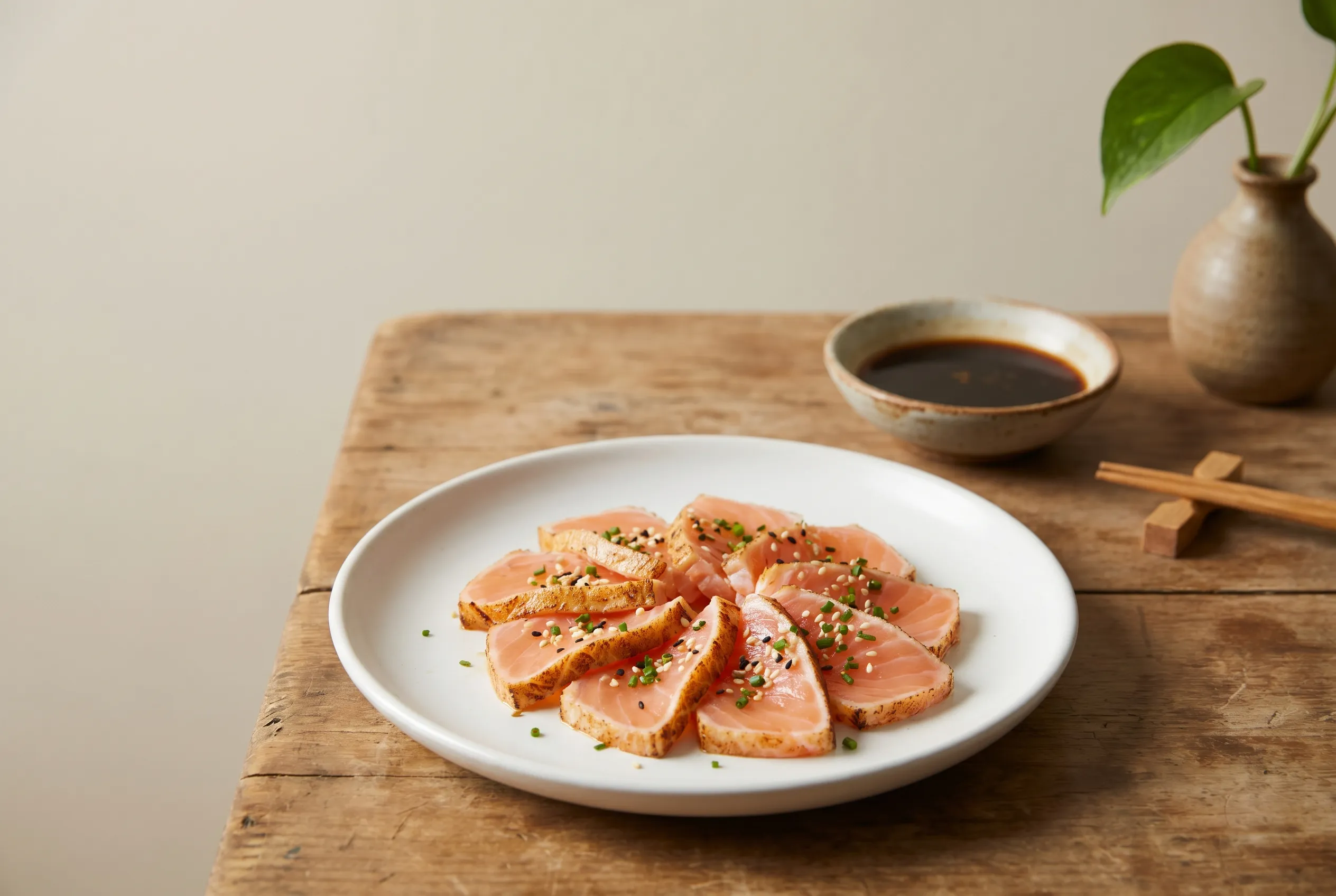 Soy-ginger marinated salmon tataki