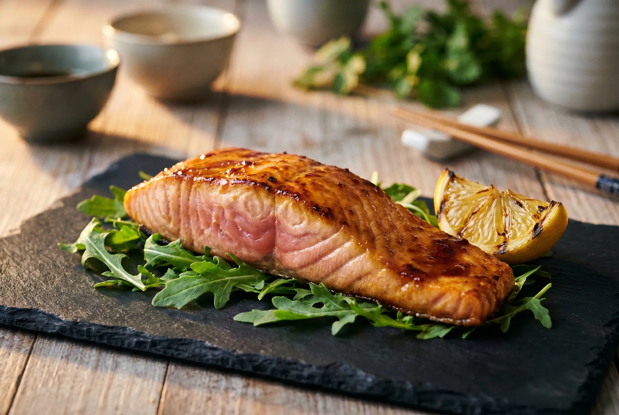 Miso-glazed salmon, medium-rare