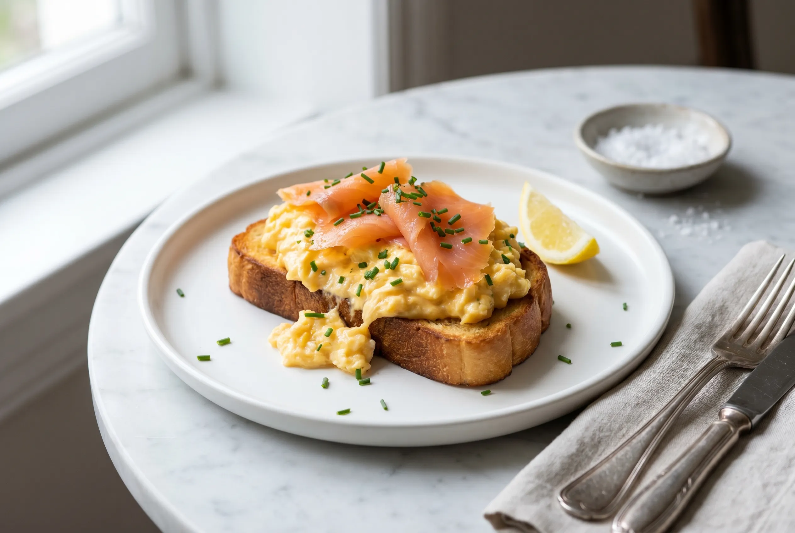 Œufs brouillés crémeux à la ciboulette et saumon fumé sur toast