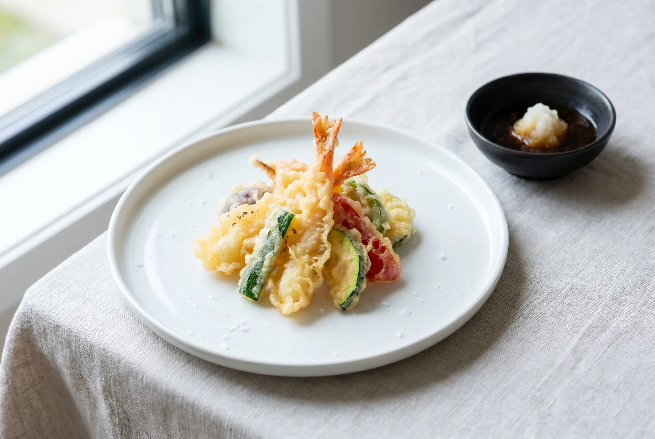 Tempura de gambas et légumes croustillants