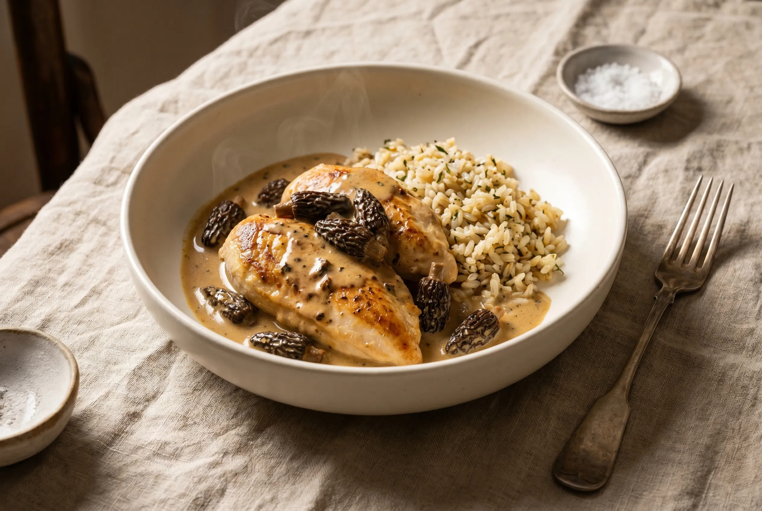 Suprêmes de volaille à la crème, morilles et vin blanc
