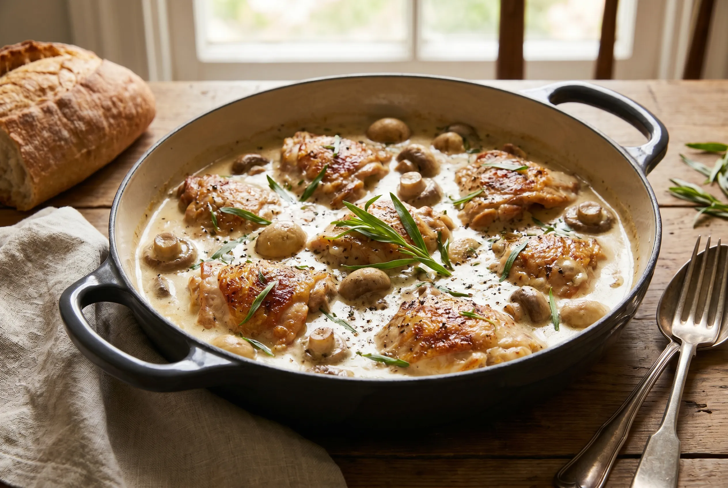 Fricassée de poulet à l'estragon et champignons de Paris