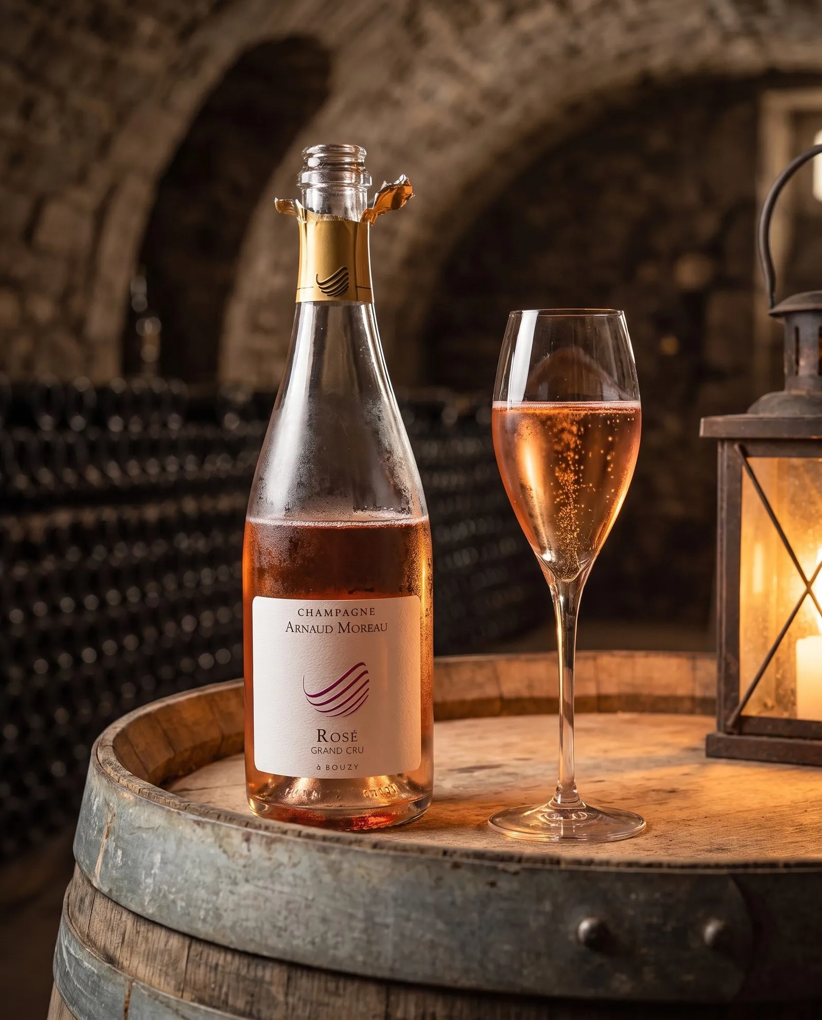 Champagne Arnaud Moreau Rosé · dans un cellier voûté