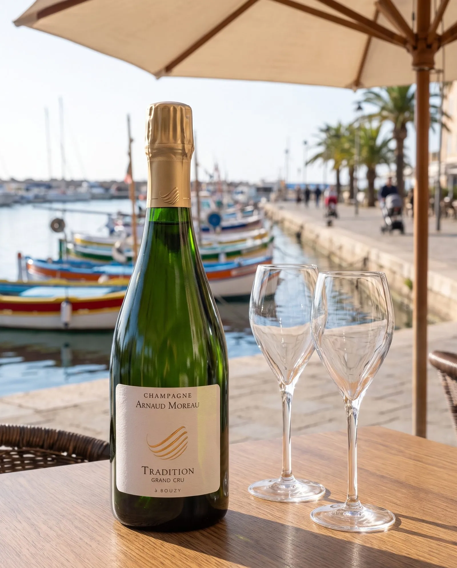Champagne Arnaud Moreau Tradition · sur un quai de port