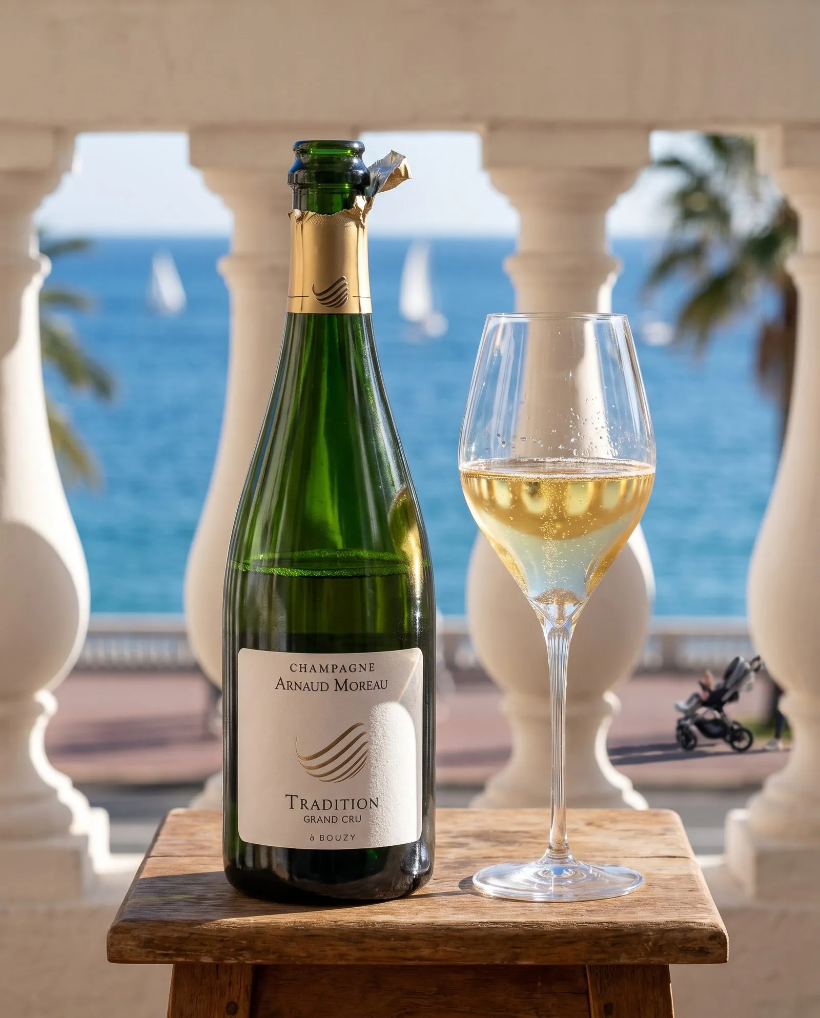 Champagne Arnaud Moreau Tradition · sur une terrasse en bord de mer