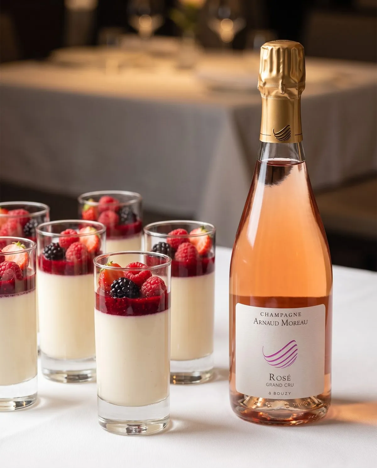 Verrines de panna cotta vanille, compotée de fruits rouges · accord champagne Arnaud Moreau